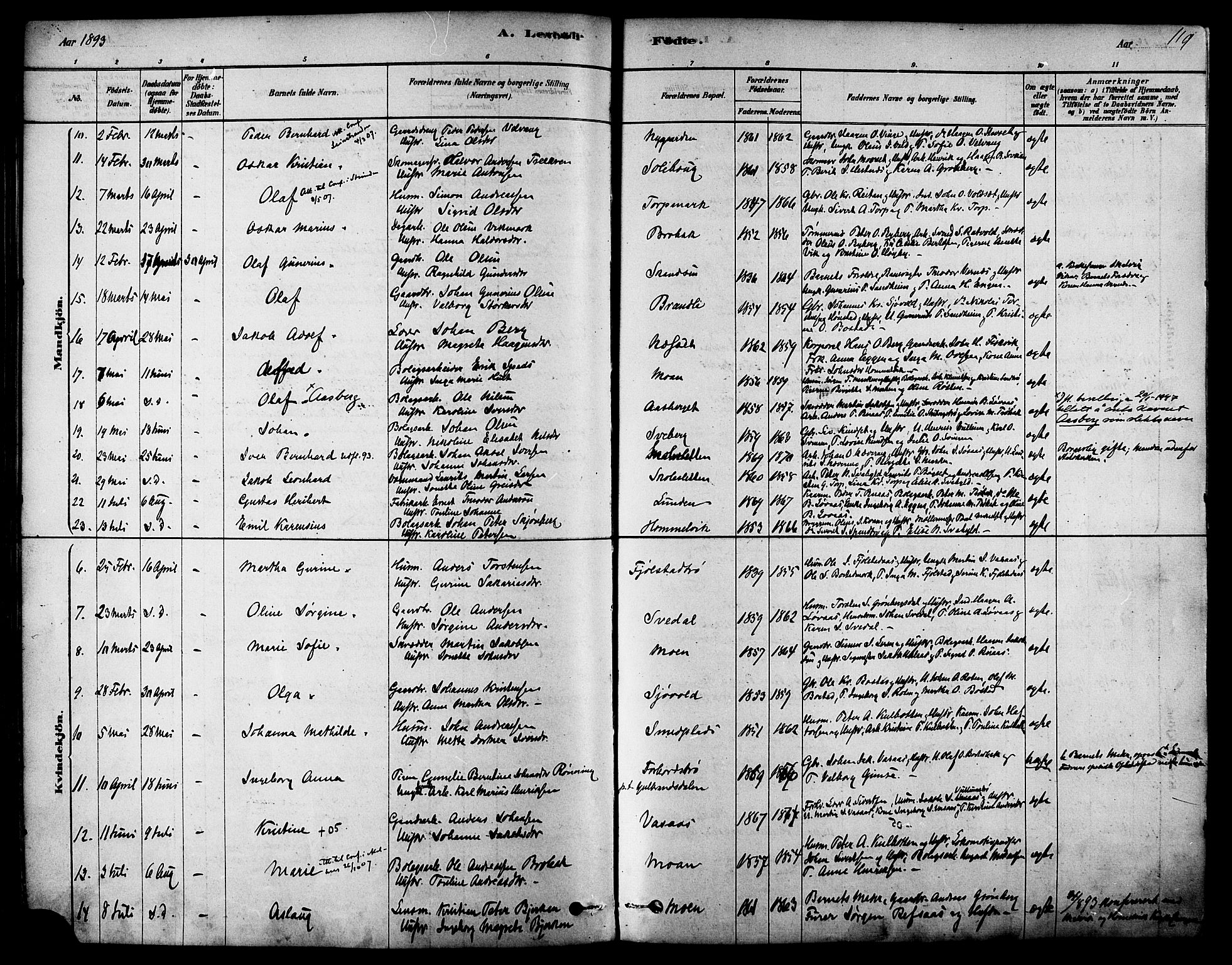 Ministerialprotokoller, klokkerbøker og fødselsregistre - Sør-Trøndelag, SAT/A-1456/616/L0410: Parish register (official) no. 616A07, 1878-1893, p. 119