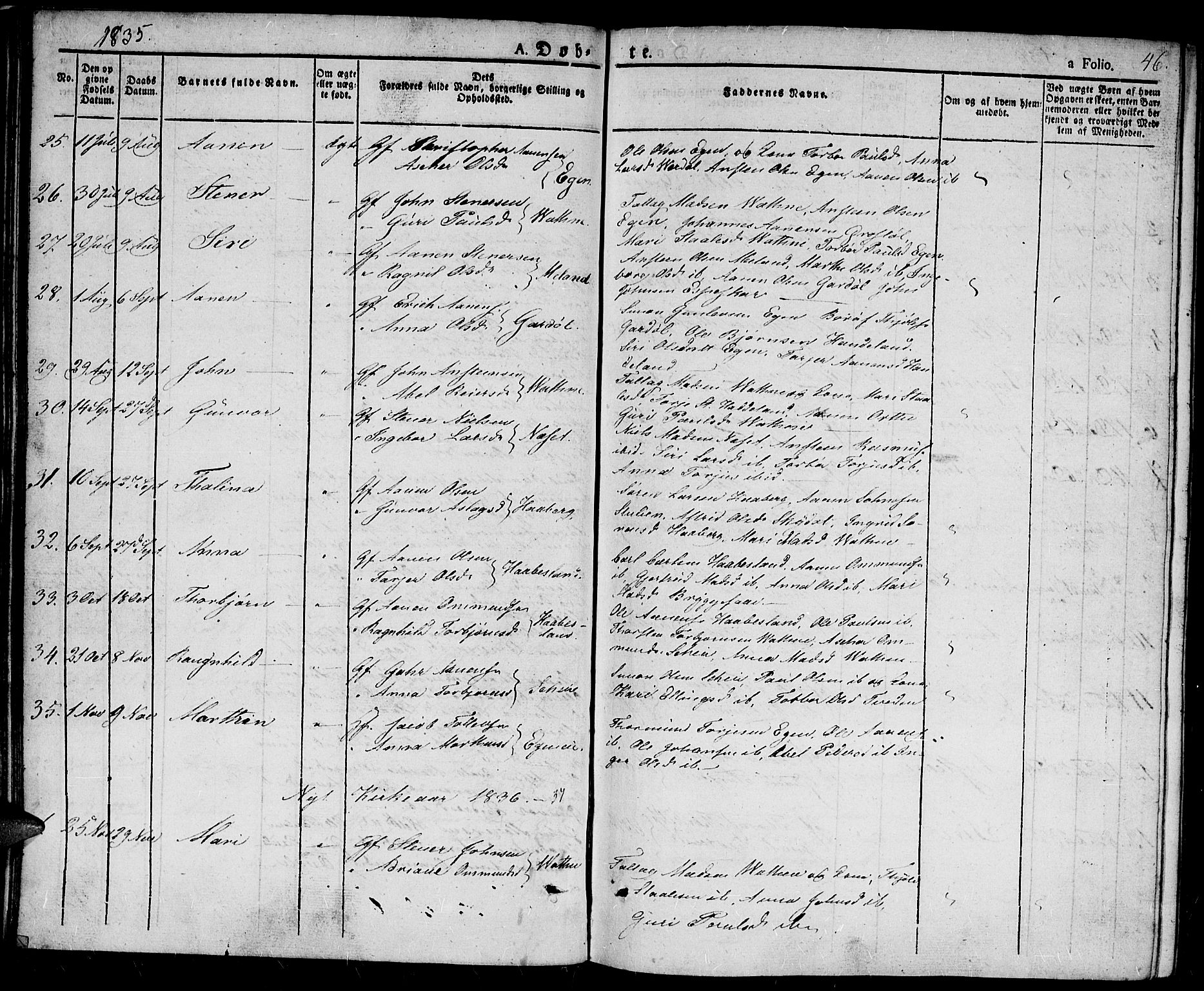 Hægebostad sokneprestkontor, SAK/1111-0024/F/Fa/Fab/L0001: Parish register (official) no. A 1, 1823-1867, p. 46