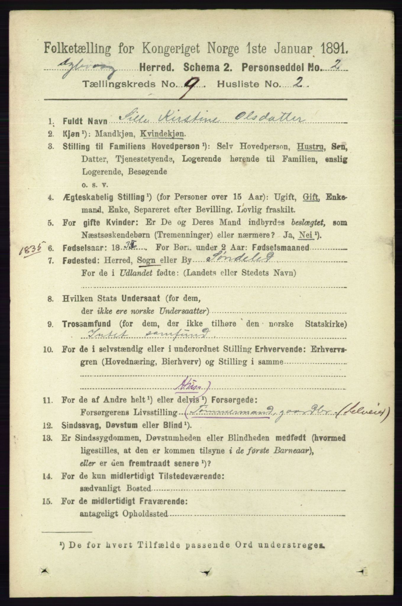 RA, 1891 census for 0915 Dypvåg, 1891, p. 3284