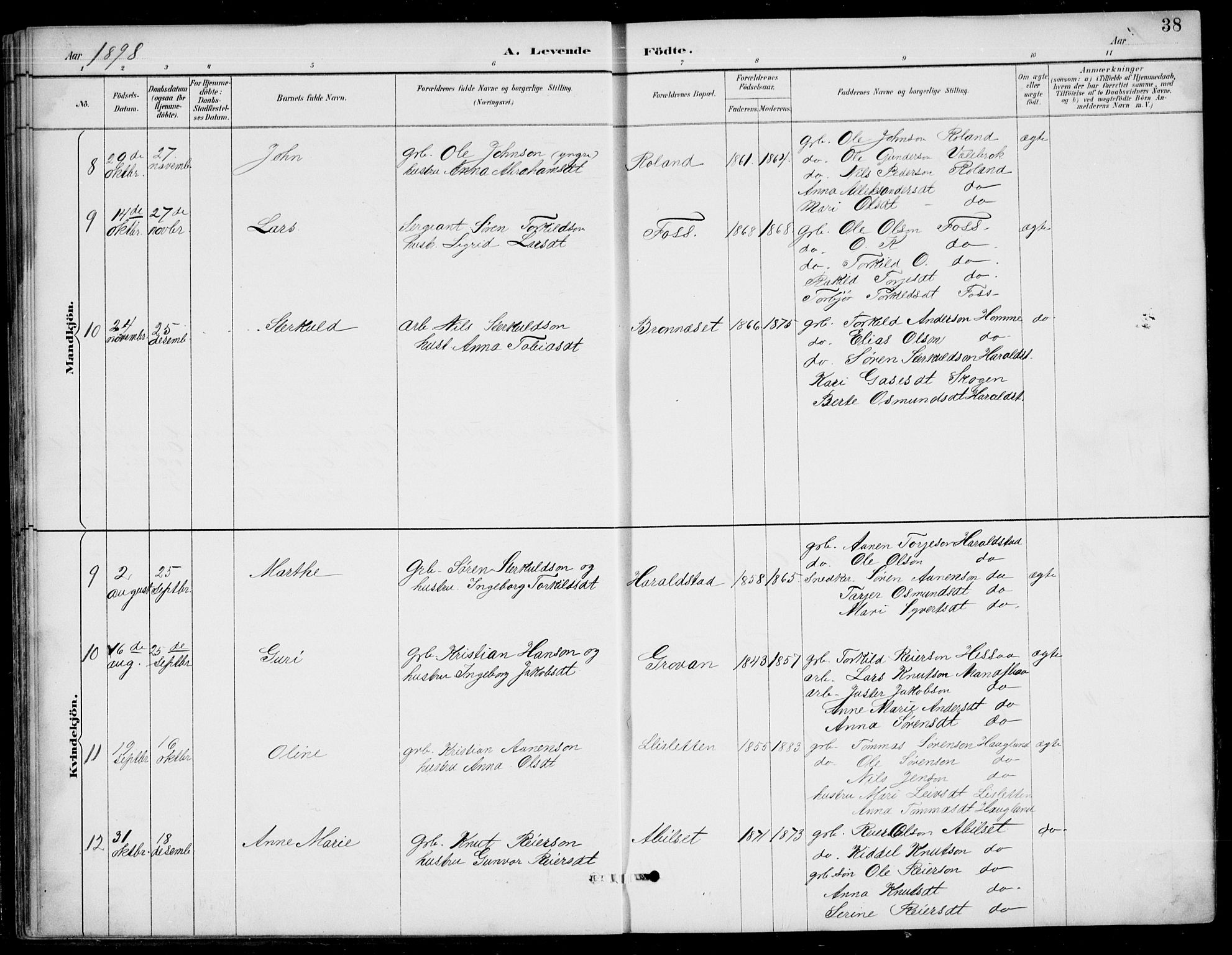 Bjelland sokneprestkontor, AV/SAK-1111-0005/F/Fb/Fba/L0005: Parish register (copy) no. B 5, 1887-1923, p. 38