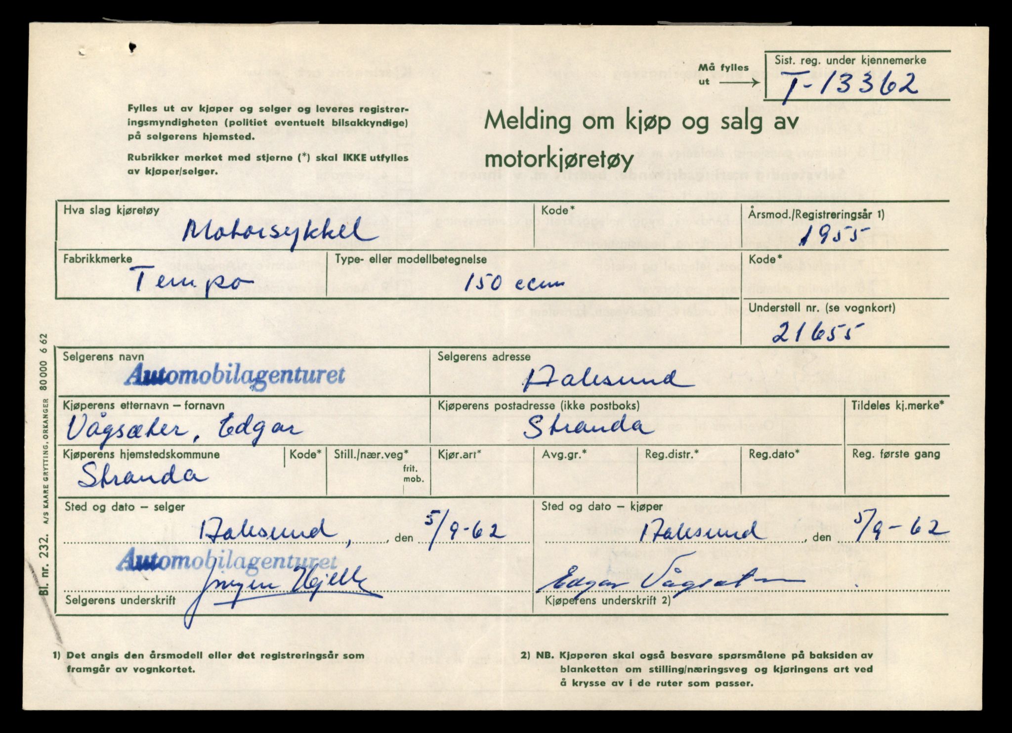 Møre og Romsdal vegkontor - Ålesund trafikkstasjon, AV/SAT-A-4099/F/Fe/L0039: Registreringskort for kjøretøy T 13361 - T 13530, 1927-1998, p. 19