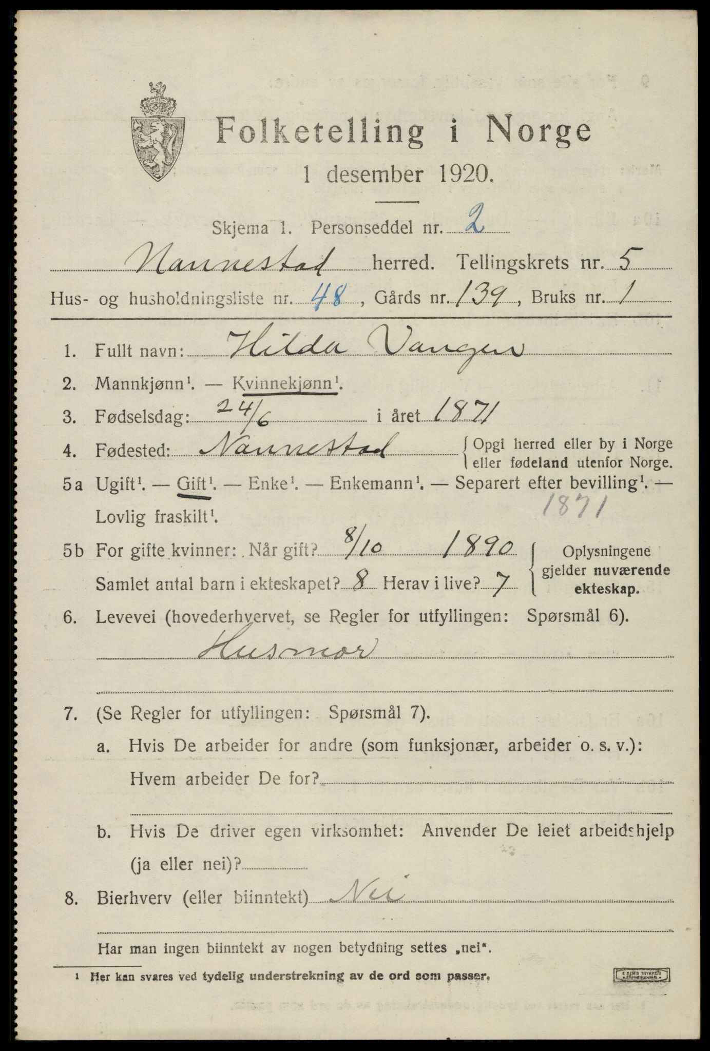 SAO, 1920 census for Nannestad, 1920, p. 7185