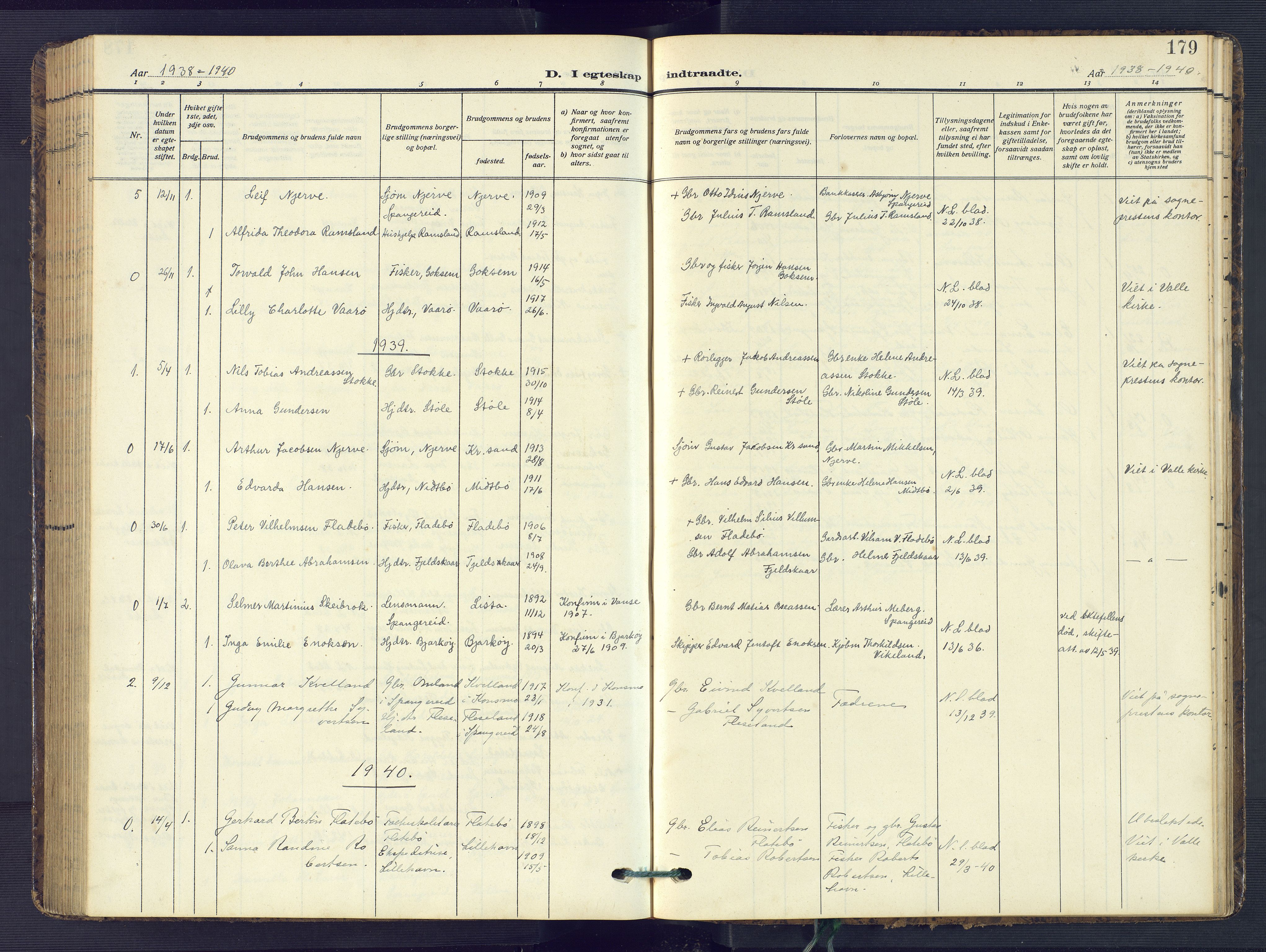 Sør-Audnedal sokneprestkontor, AV/SAK-1111-0039/F/Fb/Fba/L0005: Parish register (copy) no. B 5, 1908-1963, p. 179