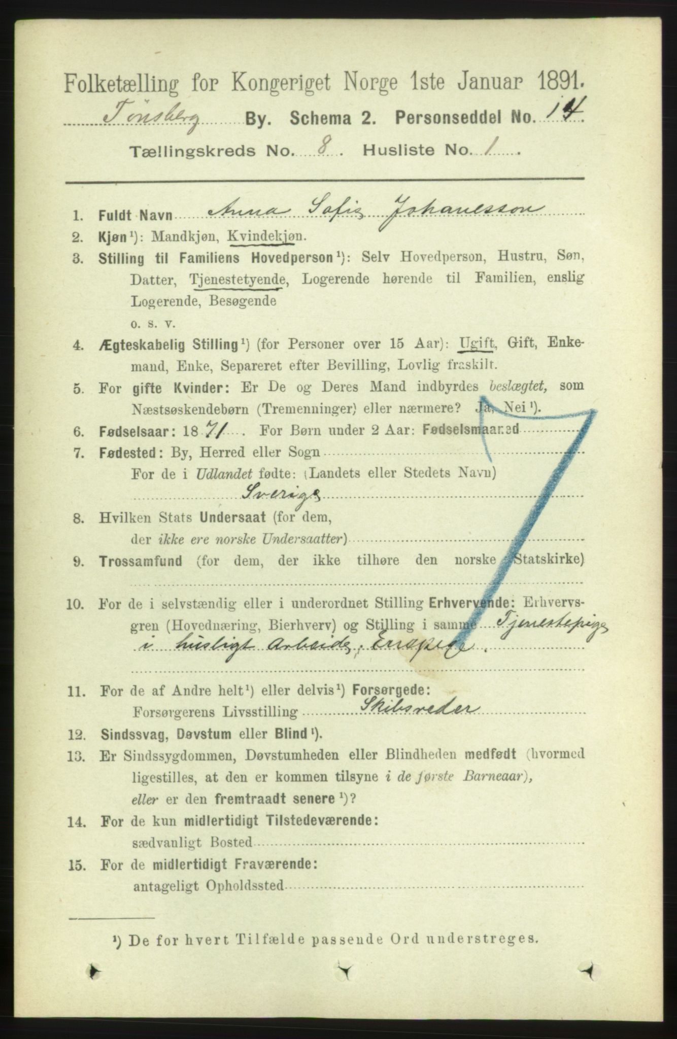 RA, 1891 census for 0705 Tønsberg, 1891, p. 3064