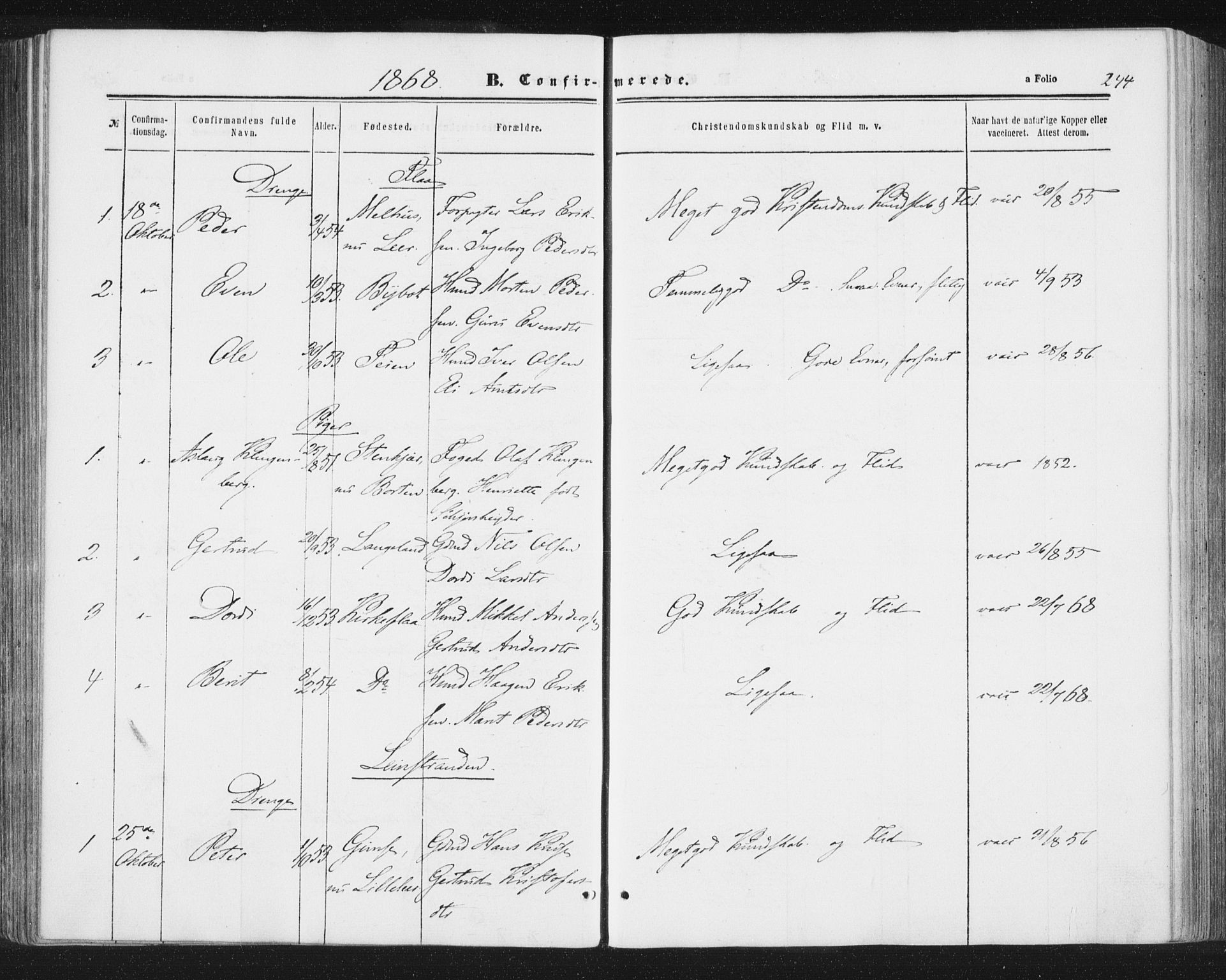 Ministerialprotokoller, klokkerbøker og fødselsregistre - Sør-Trøndelag, AV/SAT-A-1456/691/L1077: Parish register (official) no. 691A09, 1862-1873, p. 244