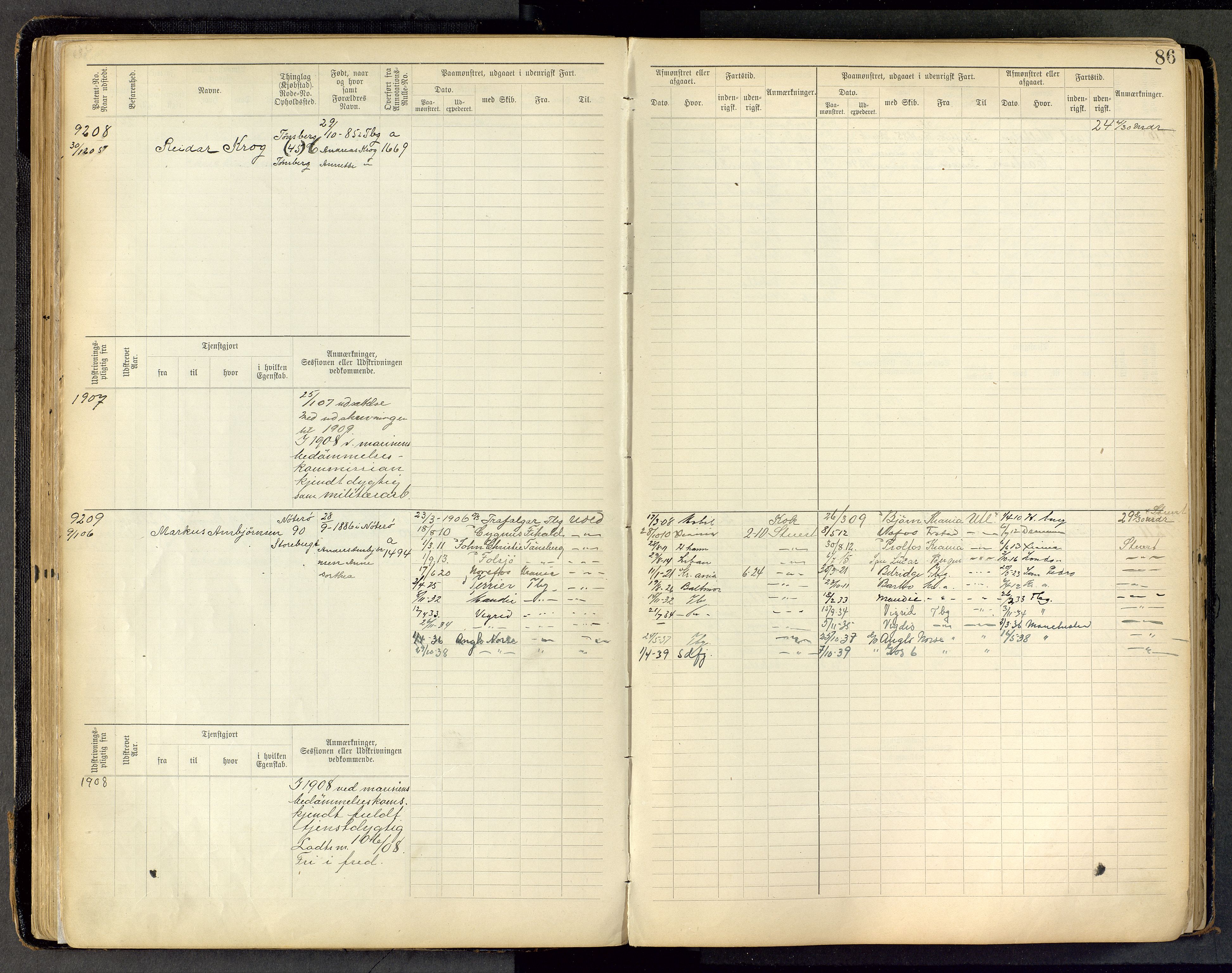 Tønsberg innrulleringskontor, AV/SAKO-A-786/F/Fc/Fca/L0011: Hovedrulle Patent nr. 9038-9992, 1900-1912, p. 86