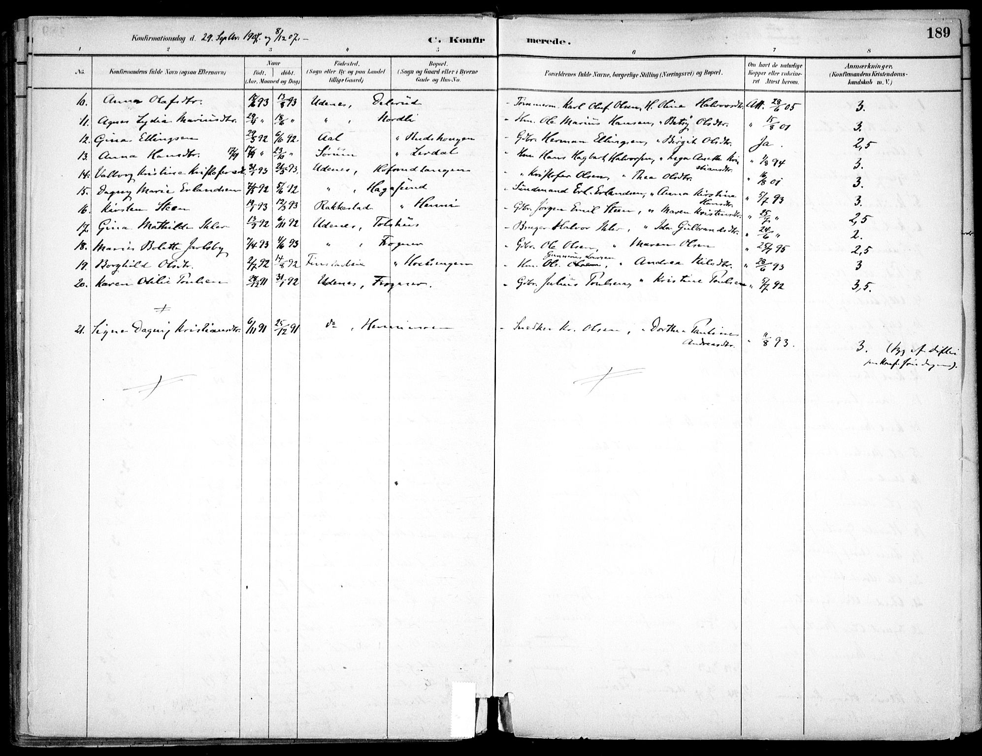 Nes prestekontor Kirkebøker, AV/SAO-A-10410/F/Fc/L0002: Parish register (official) no. IIi 2, 1882-1916, p. 189