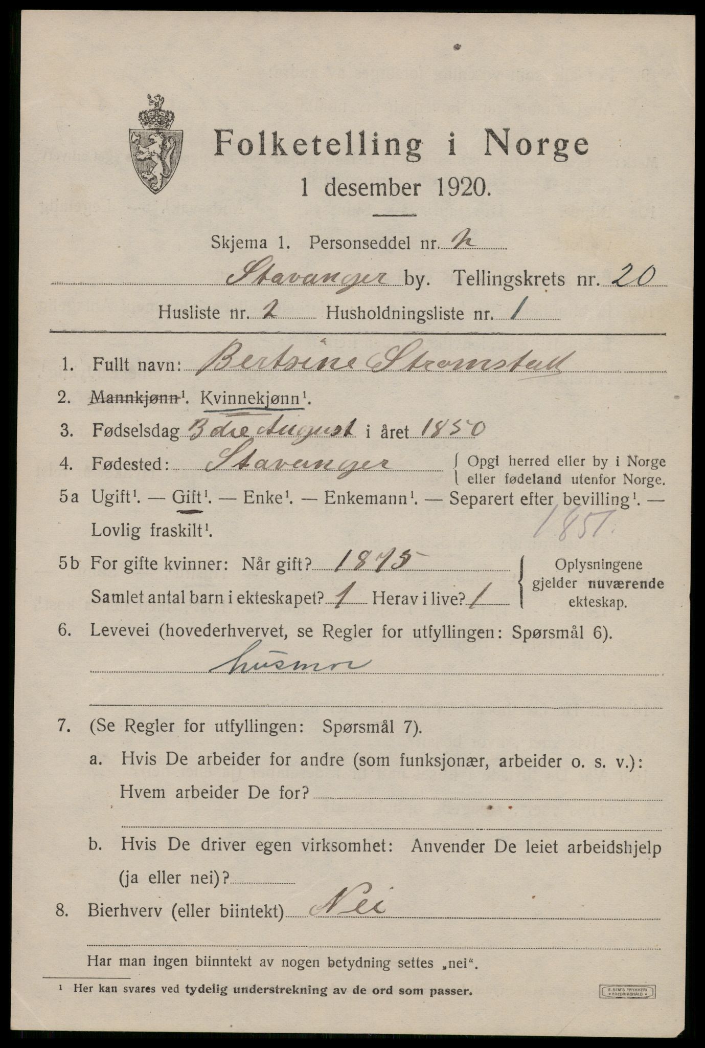 SAST, 1920 census for Stavanger, 1920, p. 69950