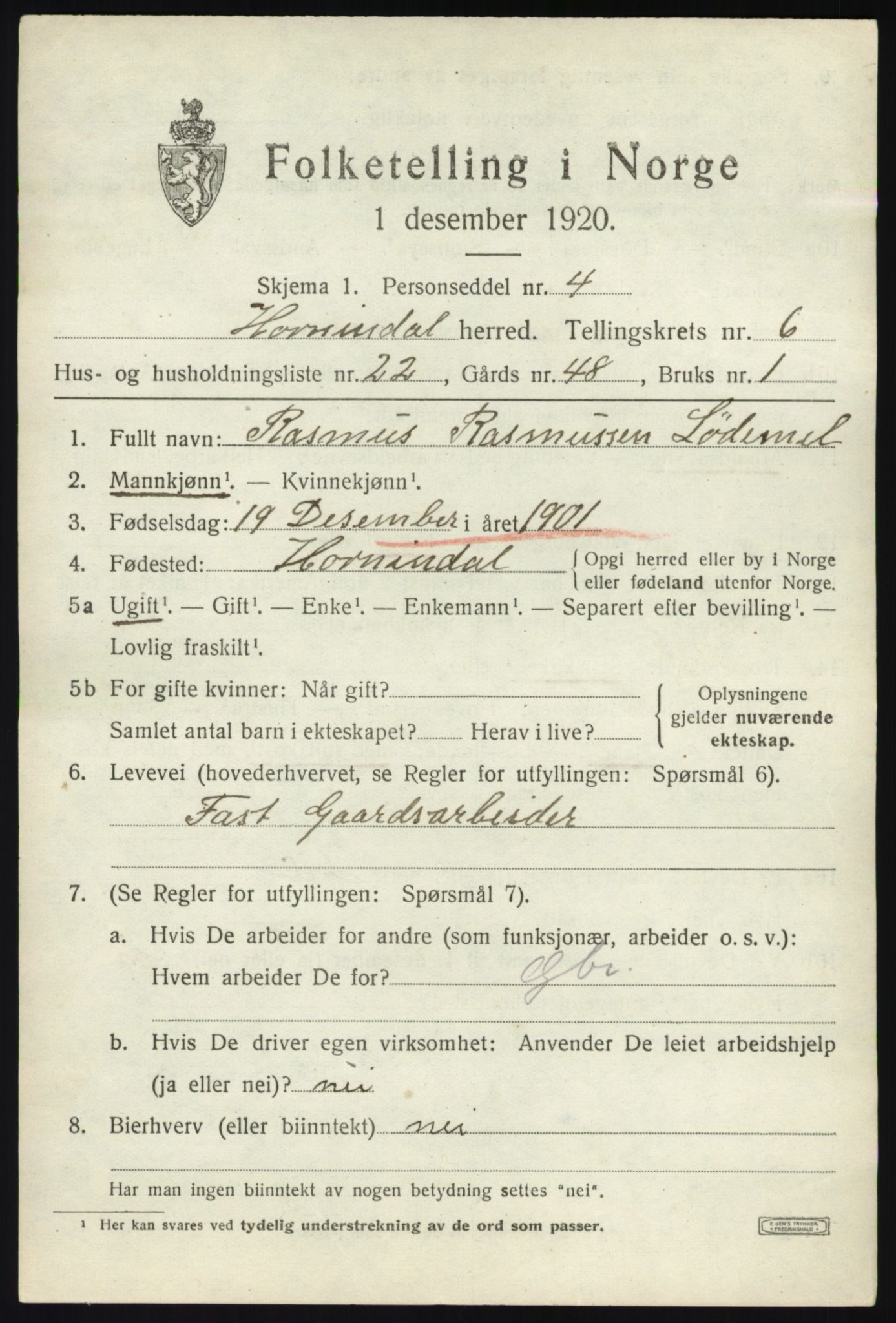 SAB, 1920 census for Hornindal, 1920, p. 3410