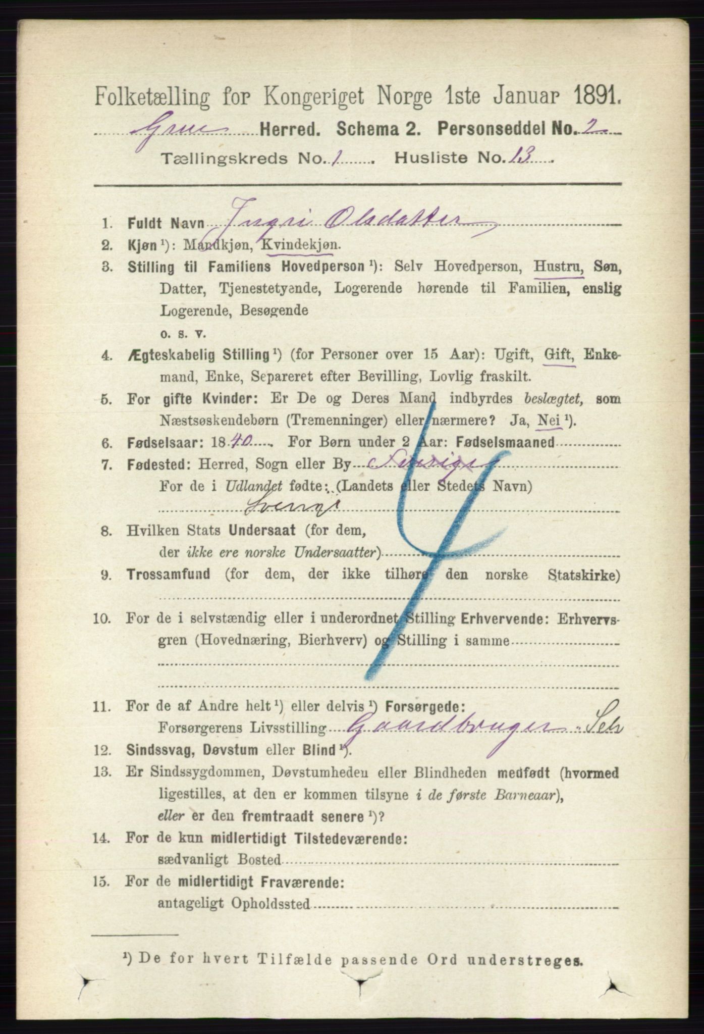 RA, 1891 census for 0423 Grue, 1891, p. 267