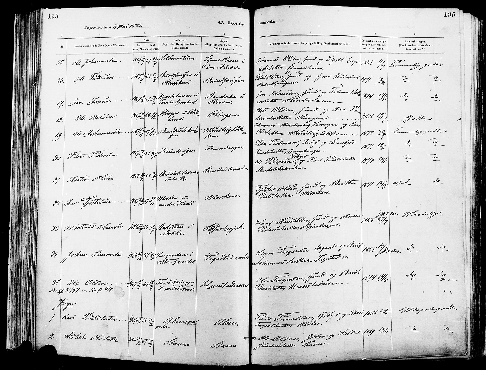 Sør-Fron prestekontor, AV/SAH-PREST-010/H/Ha/Haa/L0003: Parish register (official) no. 3, 1881-1897, p. 195