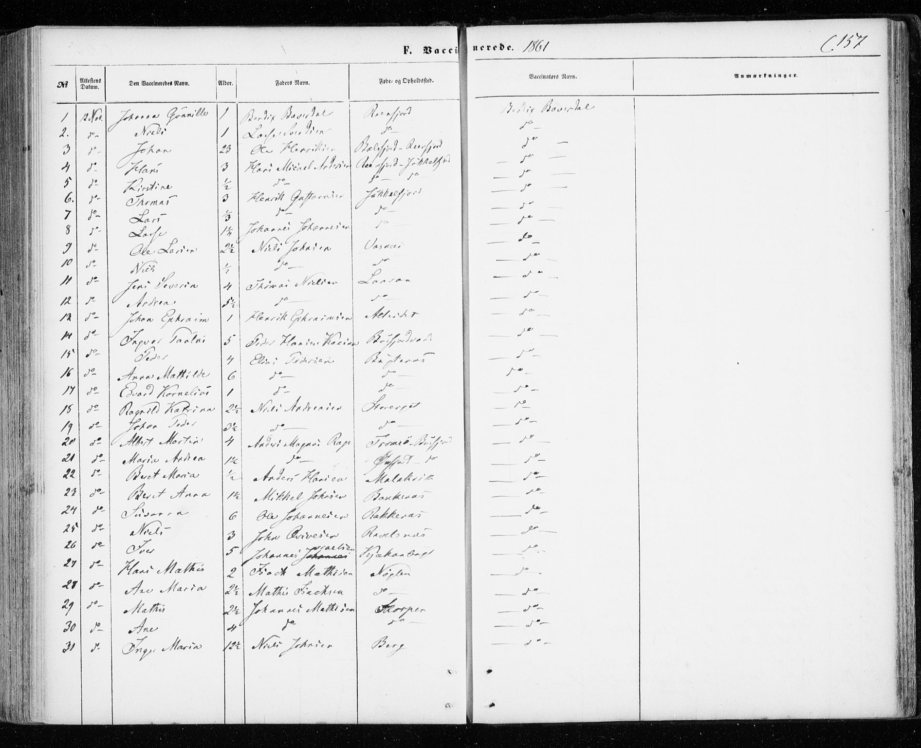 Skjervøy sokneprestkontor, SATØ/S-1300/H/Ha/Haa/L0011kirke: Parish register (official) no. 11, 1861-1877, p. 157