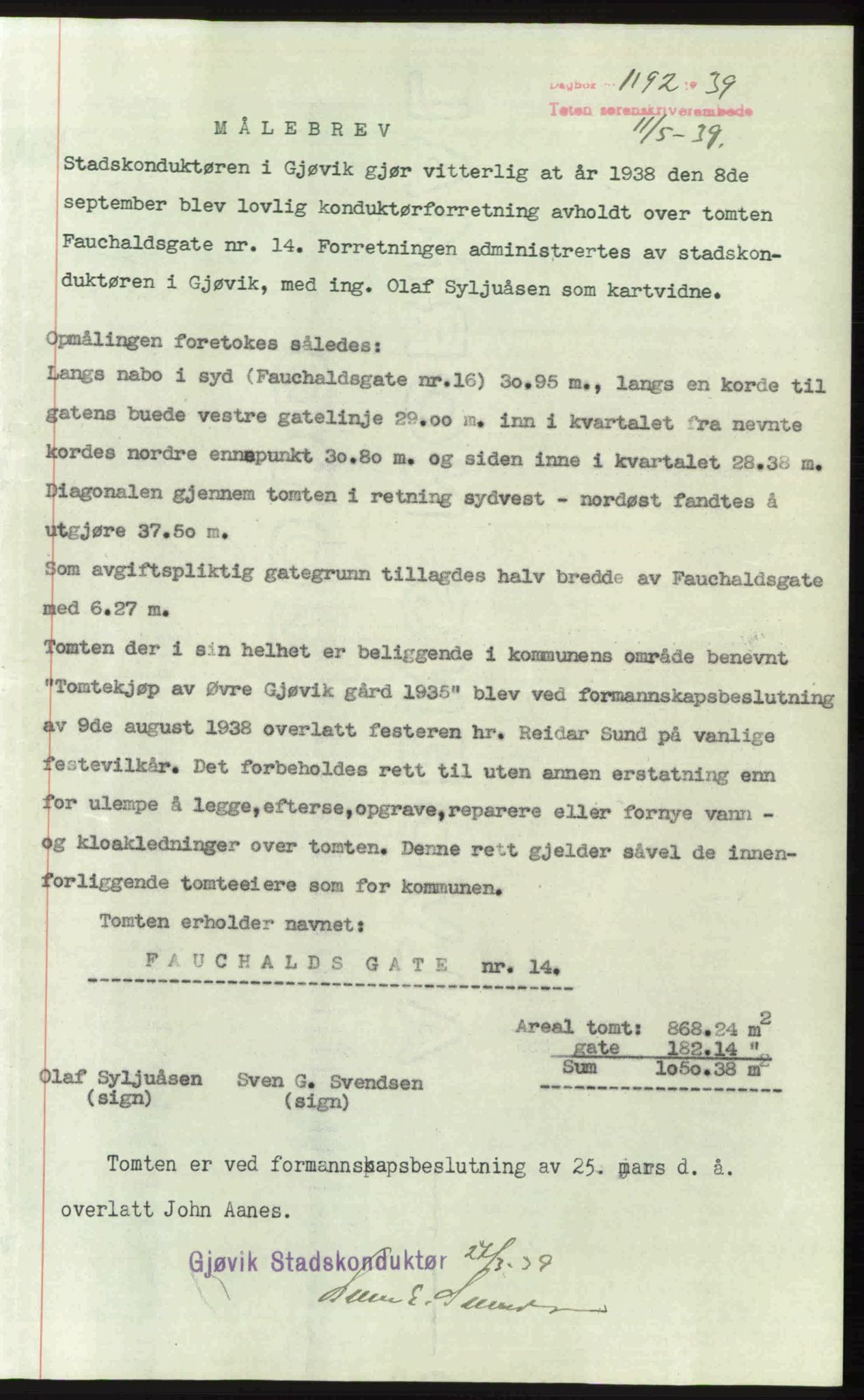 Toten tingrett, SAH/TING-006/H/Hb/Hbc/L0006: Mortgage book no. Hbc-06, 1939-1939, Diary no: : 1192/1939