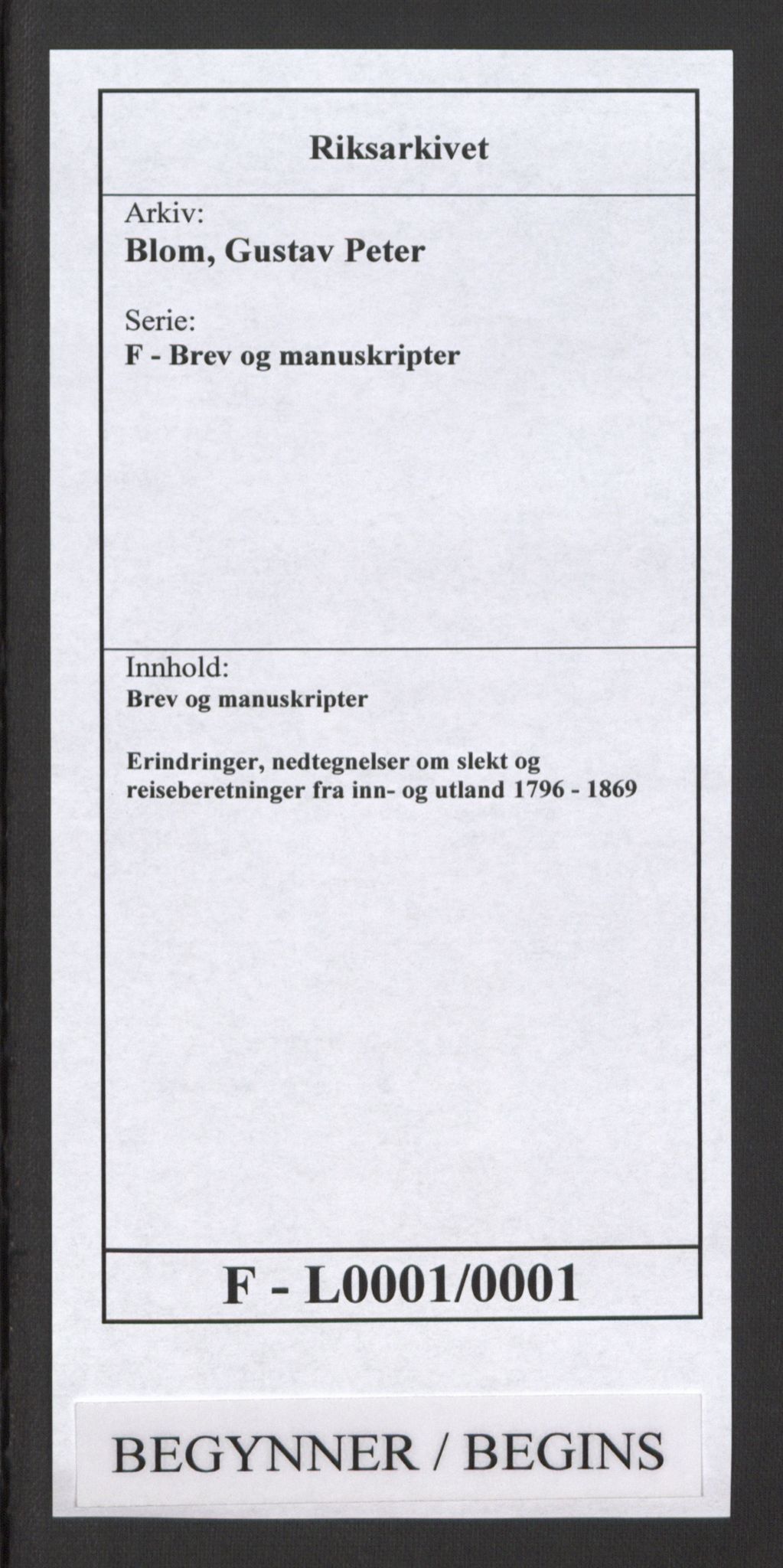 Blom, Gustav Peter, AV/RA-PA-0568/F/L0001/0001: Brev og manuskripter / Erindringer, nedtegnelser om slekt og reiseberetninger fra inn- og utland, 1796-1869, p. 1