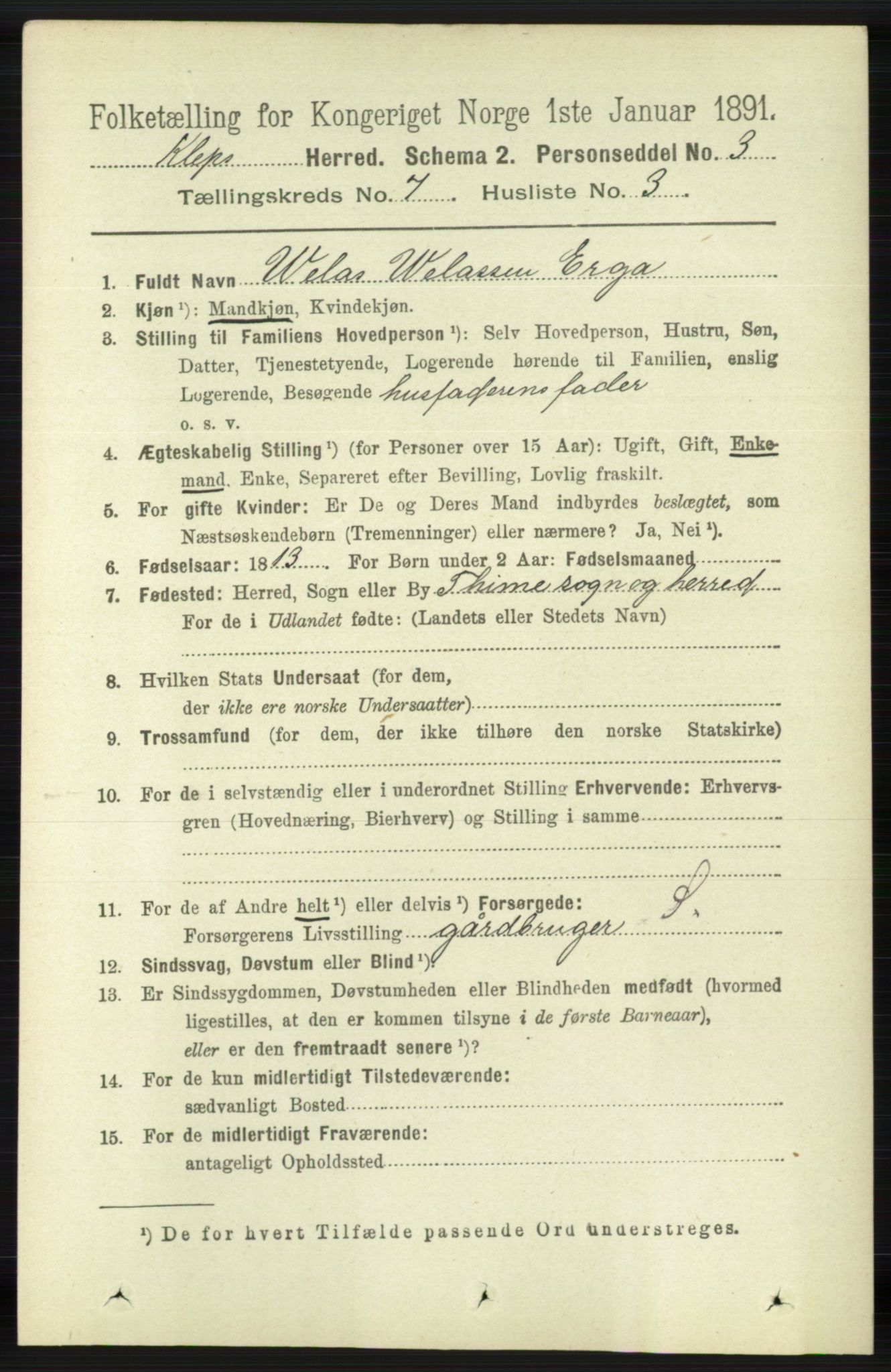 RA, 1891 census for 1120 Klepp, 1891, p. 2128