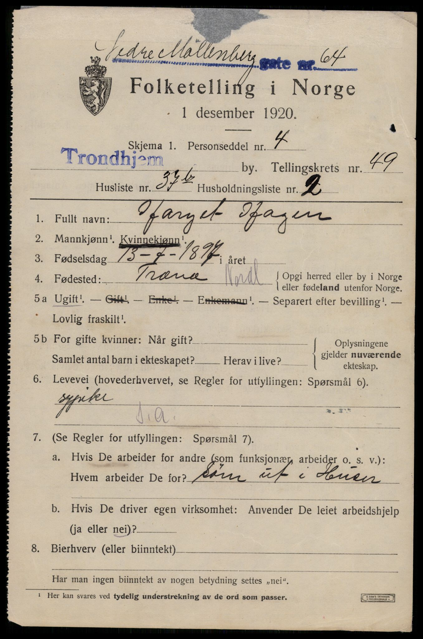 SAT, 1920 census for Trondheim, 1920, p. 103712