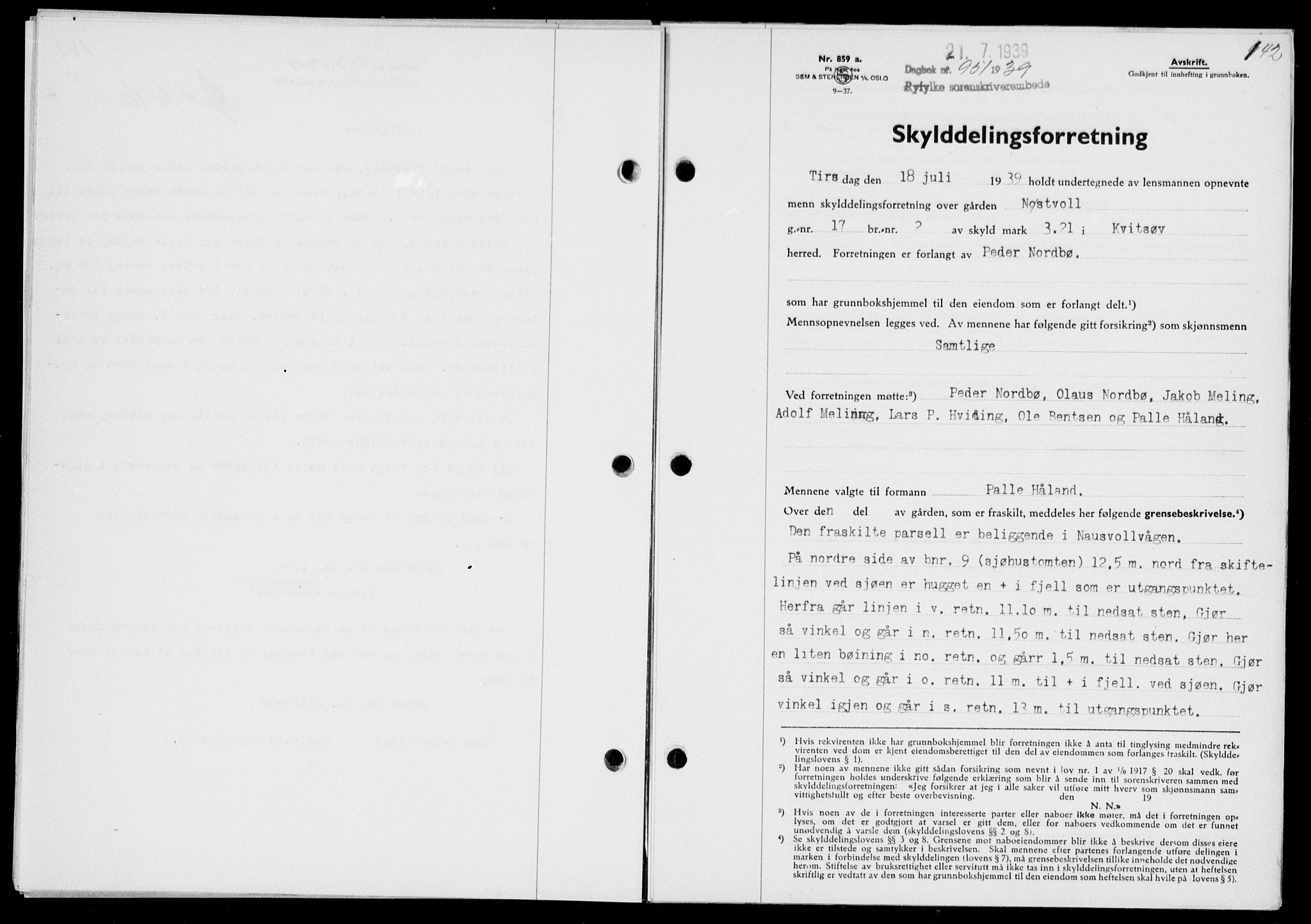 Ryfylke tingrett, SAST/A-100055/001/II/IIB/L0080: Mortgage book no. 59, 1939-1939, Diary no: : 951/1939