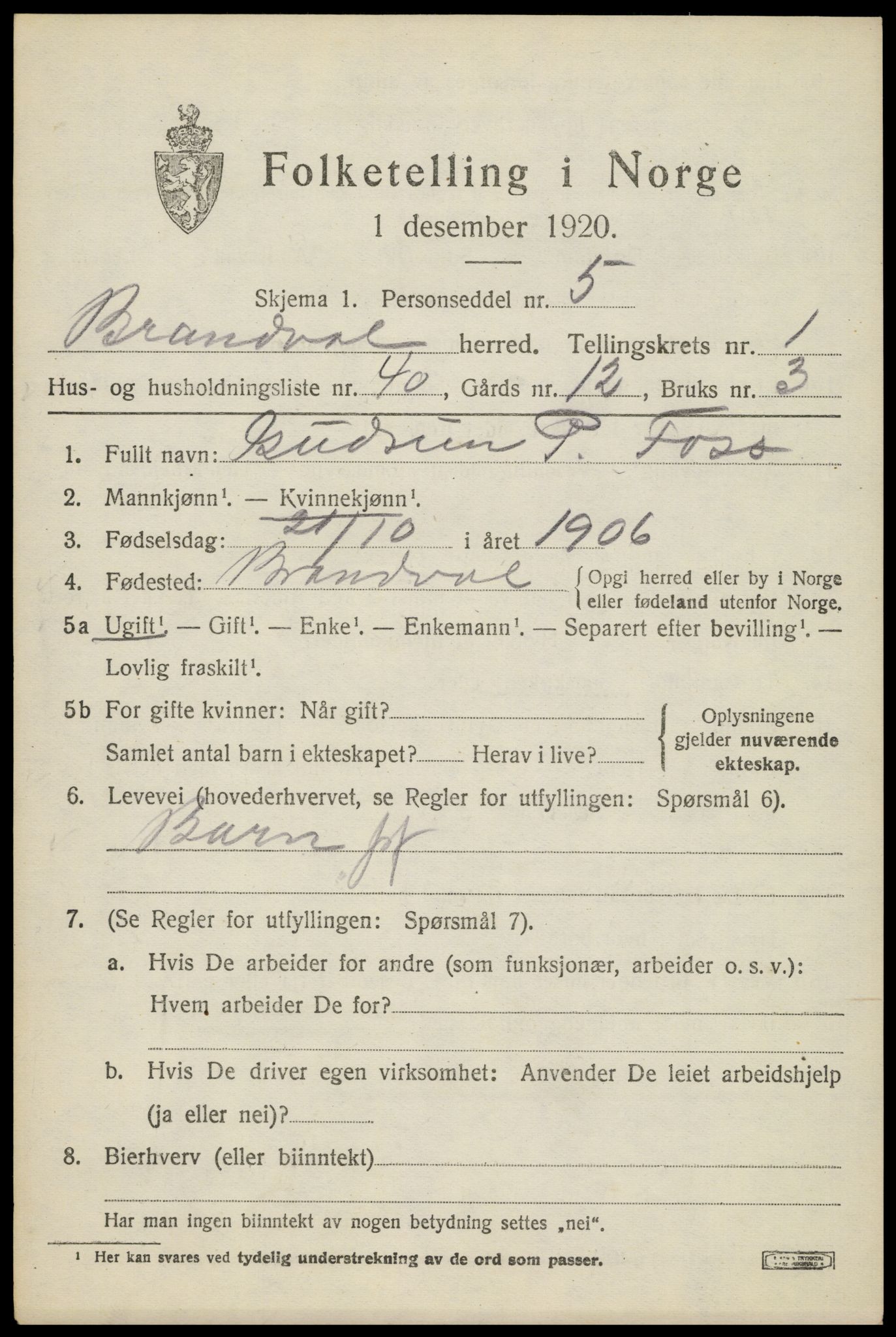 SAH, 1920 census for Brandval, 1920, p. 2032