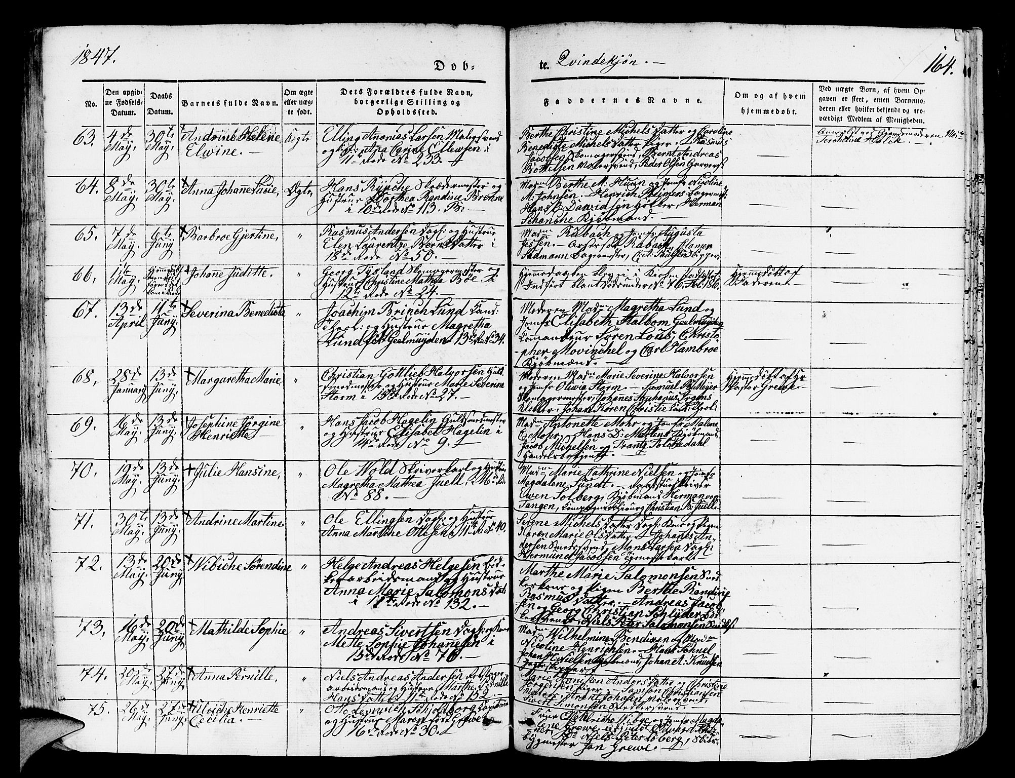 Domkirken sokneprestembete, SAB/A-74801/H/Hab/L0009: Parish register (copy) no. B 2, 1842-1849, p. 164