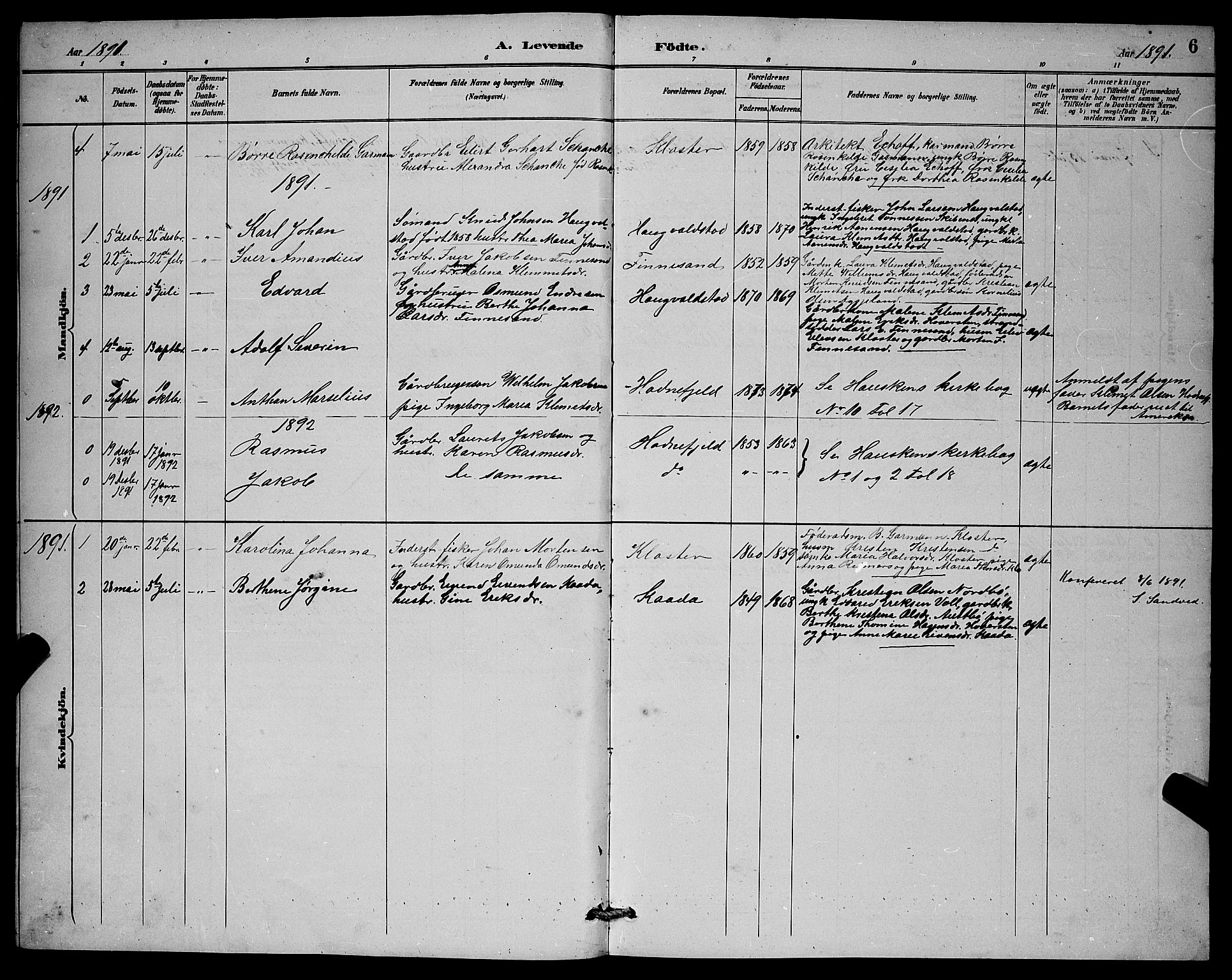 Rennesøy sokneprestkontor, SAST/A -101827/H/Ha/Hab/L0008: Parish register (copy) no. B 8, 1889-1899, p. 6