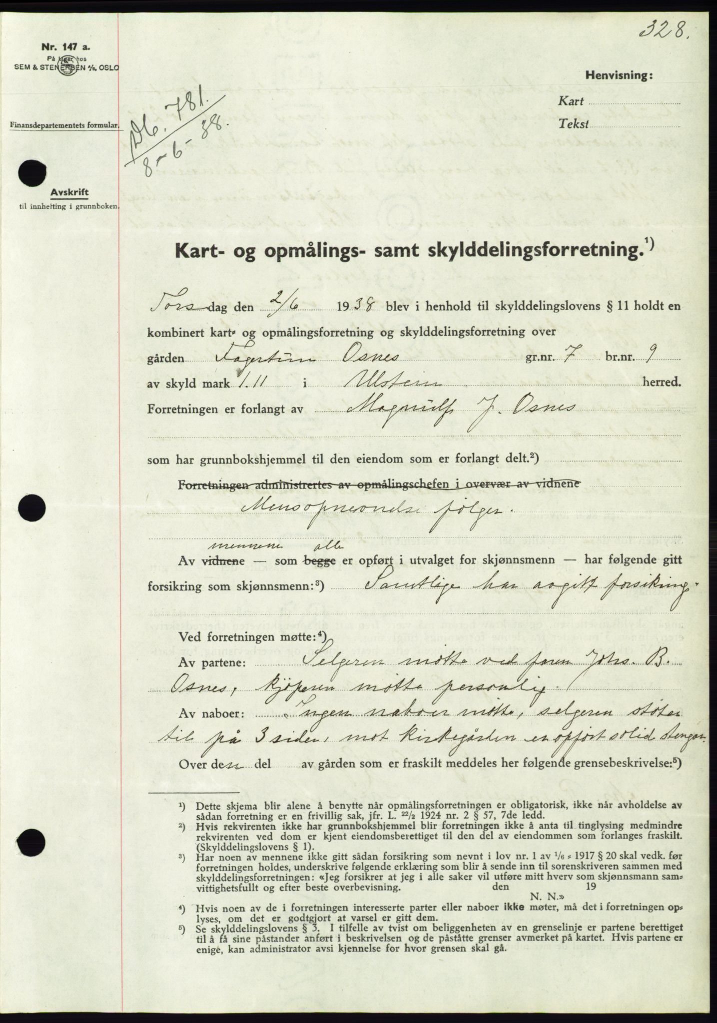 Søre Sunnmøre sorenskriveri, AV/SAT-A-4122/1/2/2C/L0065: Mortgage book no. 59, 1938-1938, Diary no: : 781/1938