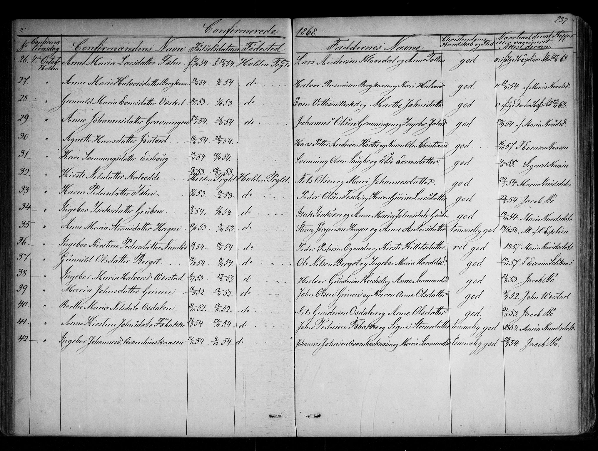 Holla kirkebøker, SAKO/A-272/G/Ga/L0004: Parish register (copy) no. I 4, 1867-1890, p. 237