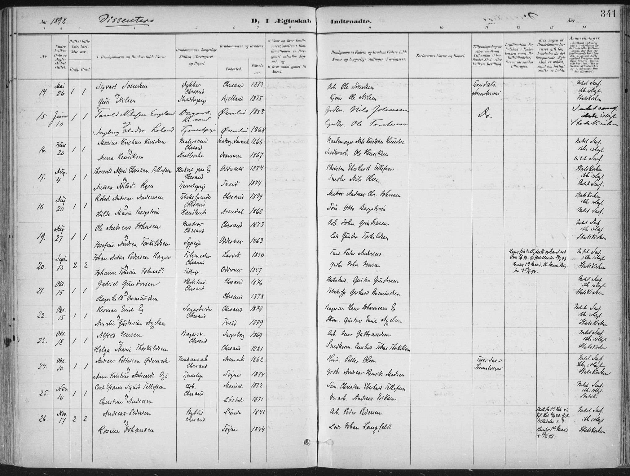 Kristiansand domprosti, AV/SAK-1112-0006/F/Fa/L0021: Parish register (official) no. A 20, 1898-1908, p. 341