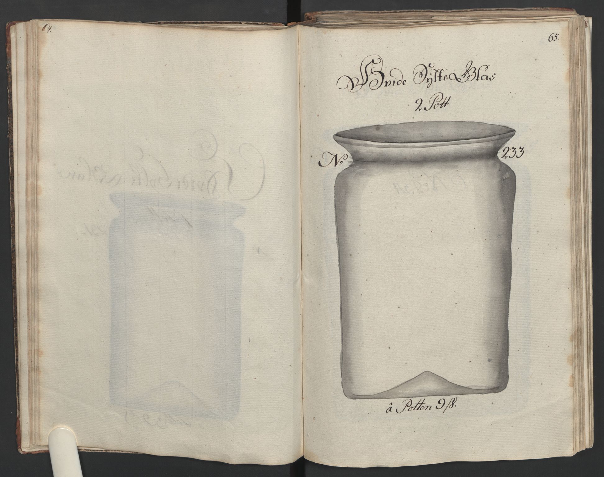 Glassverk, samlinger, AV/RA-PA-0001/F/Fa/L0036: Modellbok for Nøstetangens og Aas' produkter med prisangivelse,, 1763, p. 64-65