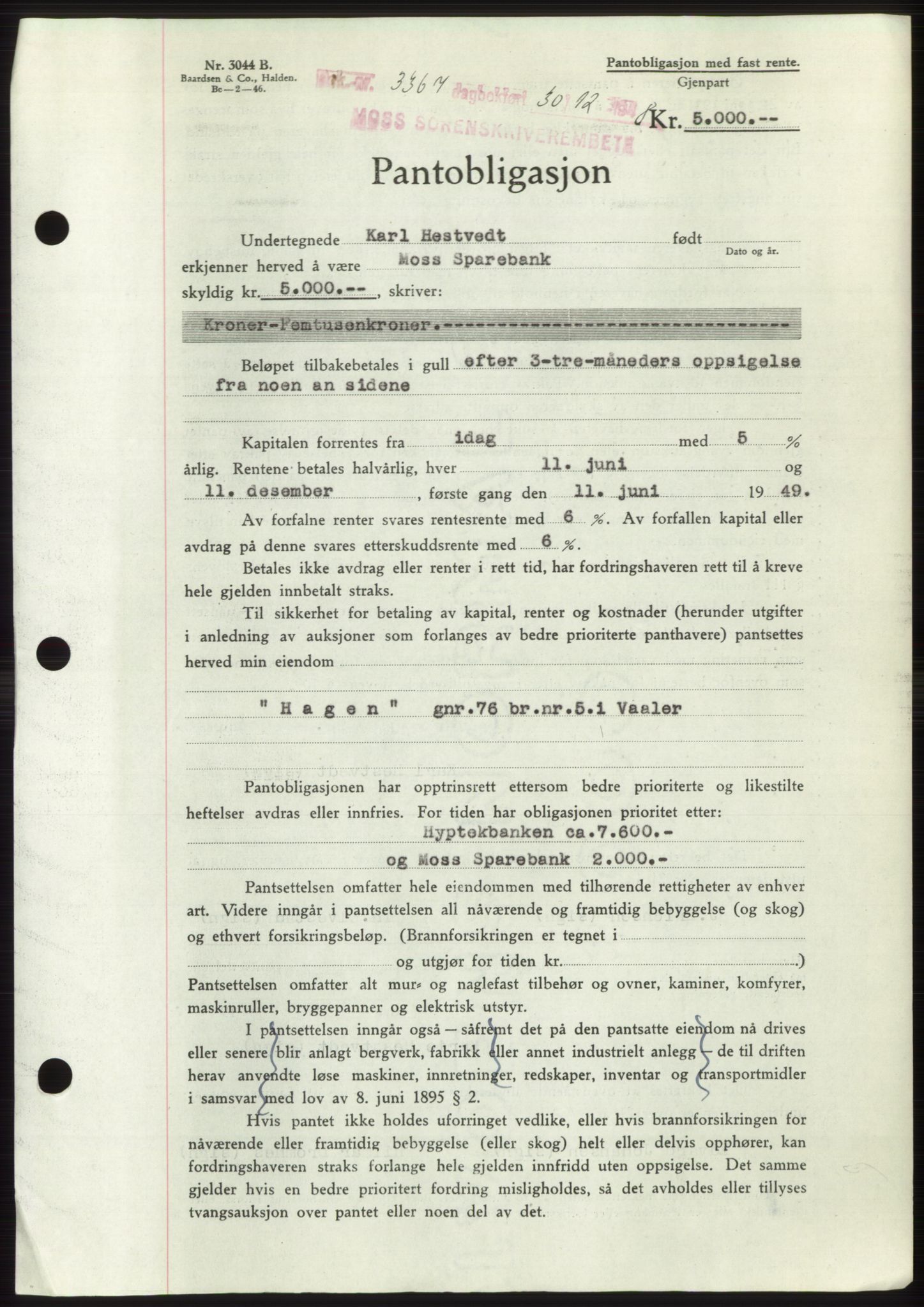 Moss sorenskriveri, AV/SAO-A-10168: Mortgage book no. B20, 1948-1948, Diary no: : 3367/1948