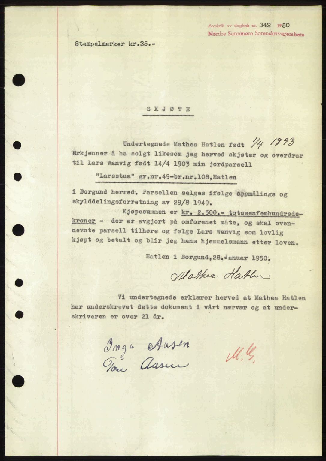 Nordre Sunnmøre sorenskriveri, AV/SAT-A-0006/1/2/2C/2Ca: Mortgage book no. A33, 1949-1950, Diary no: : 342/1950