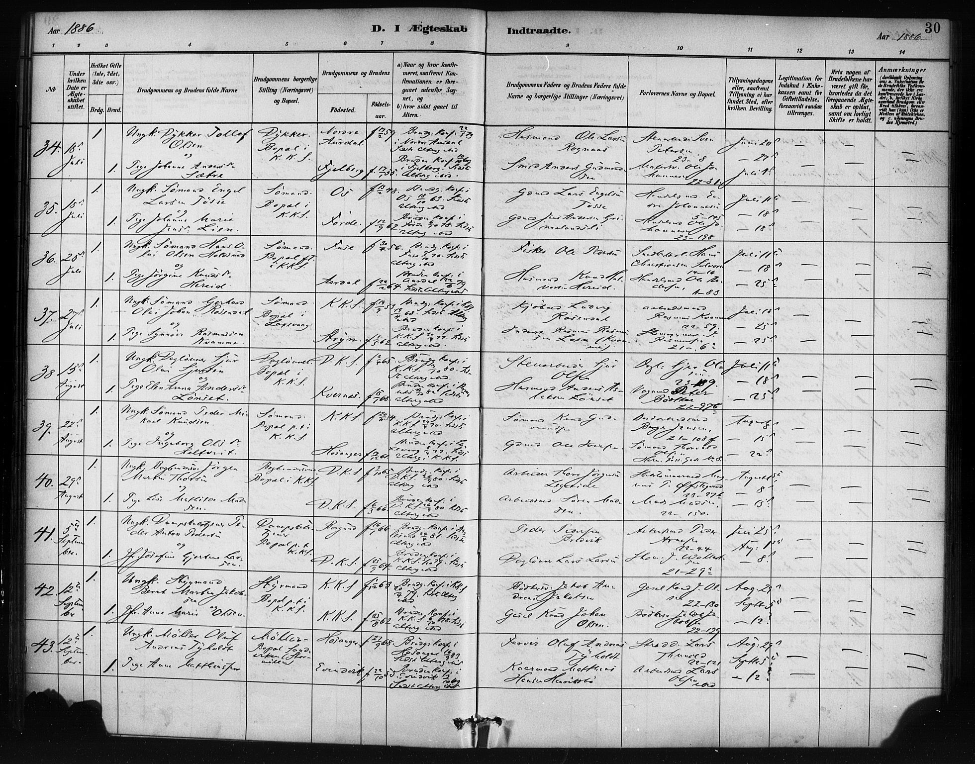 Korskirken sokneprestembete, AV/SAB-A-76101/H/Haa/L0037: Parish register (official) no. D 4, 1883-1904, p. 30