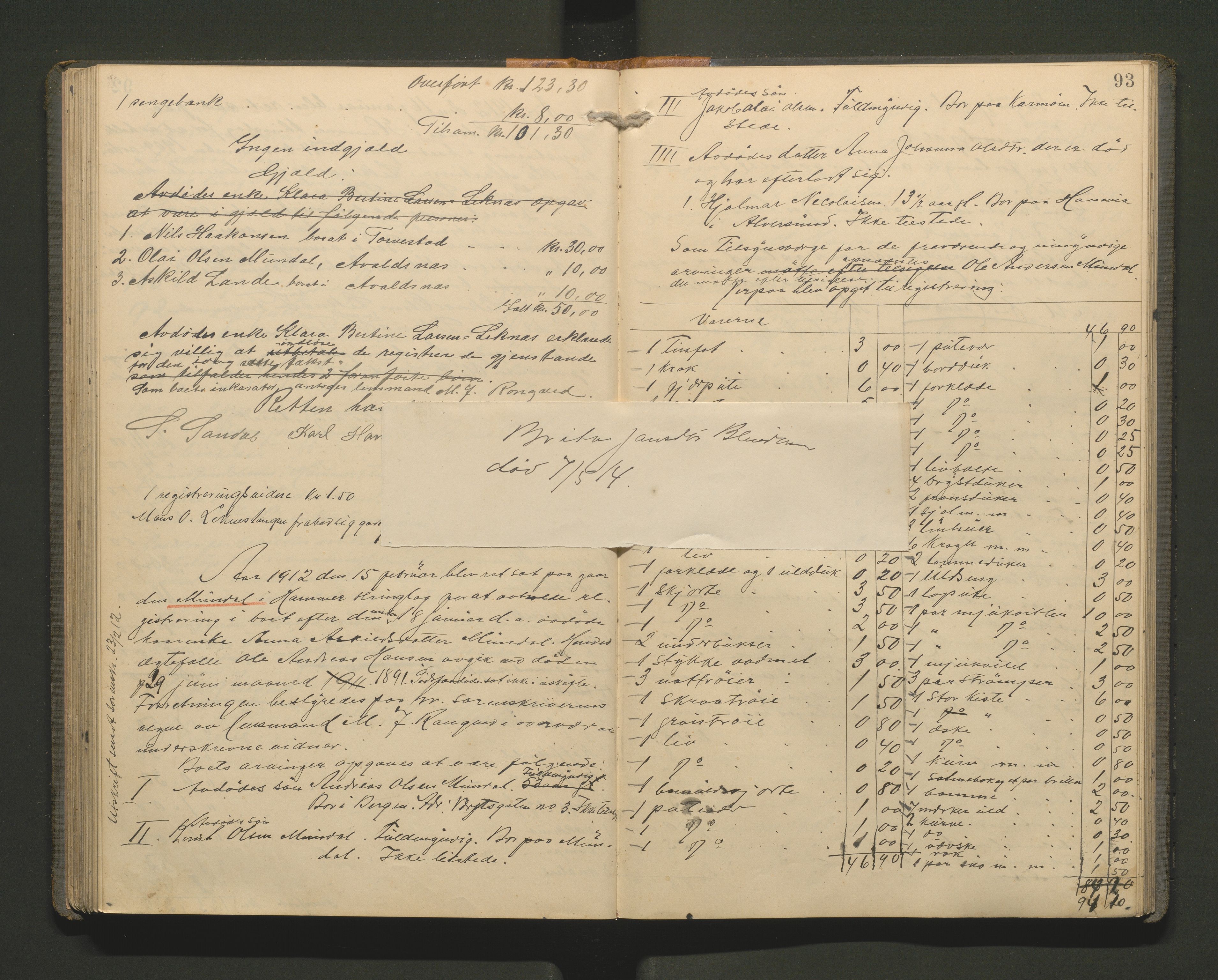 Lensmannen i Hamre, SAB/A-32601/0006/L0003: Registreringsprotokoll, 1904-1917, p. 92b-93a