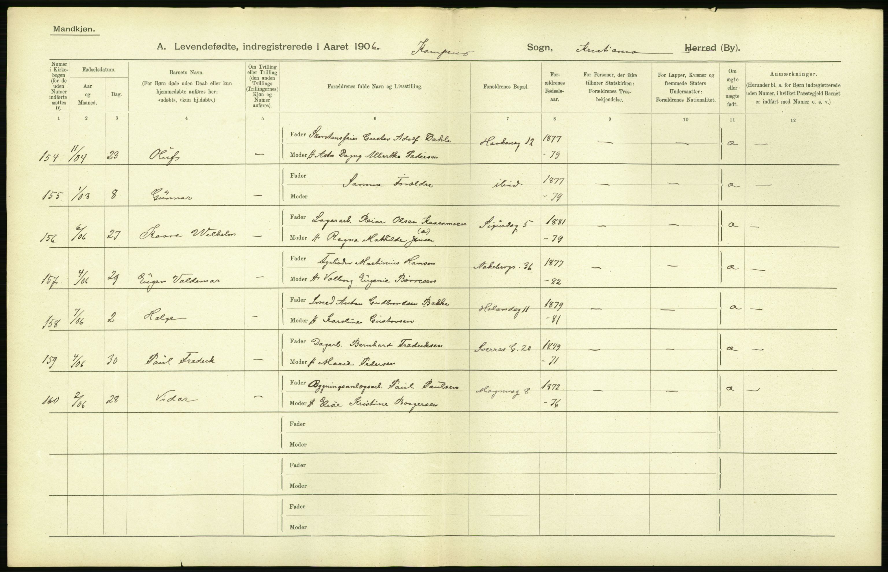 Statistisk sentralbyrå, Sosiodemografiske emner, Befolkning, AV/RA-S-2228/D/Df/Dfa/Dfad/L0007: Kristiania: Levendefødte menn og kvinner., 1906, p. 726