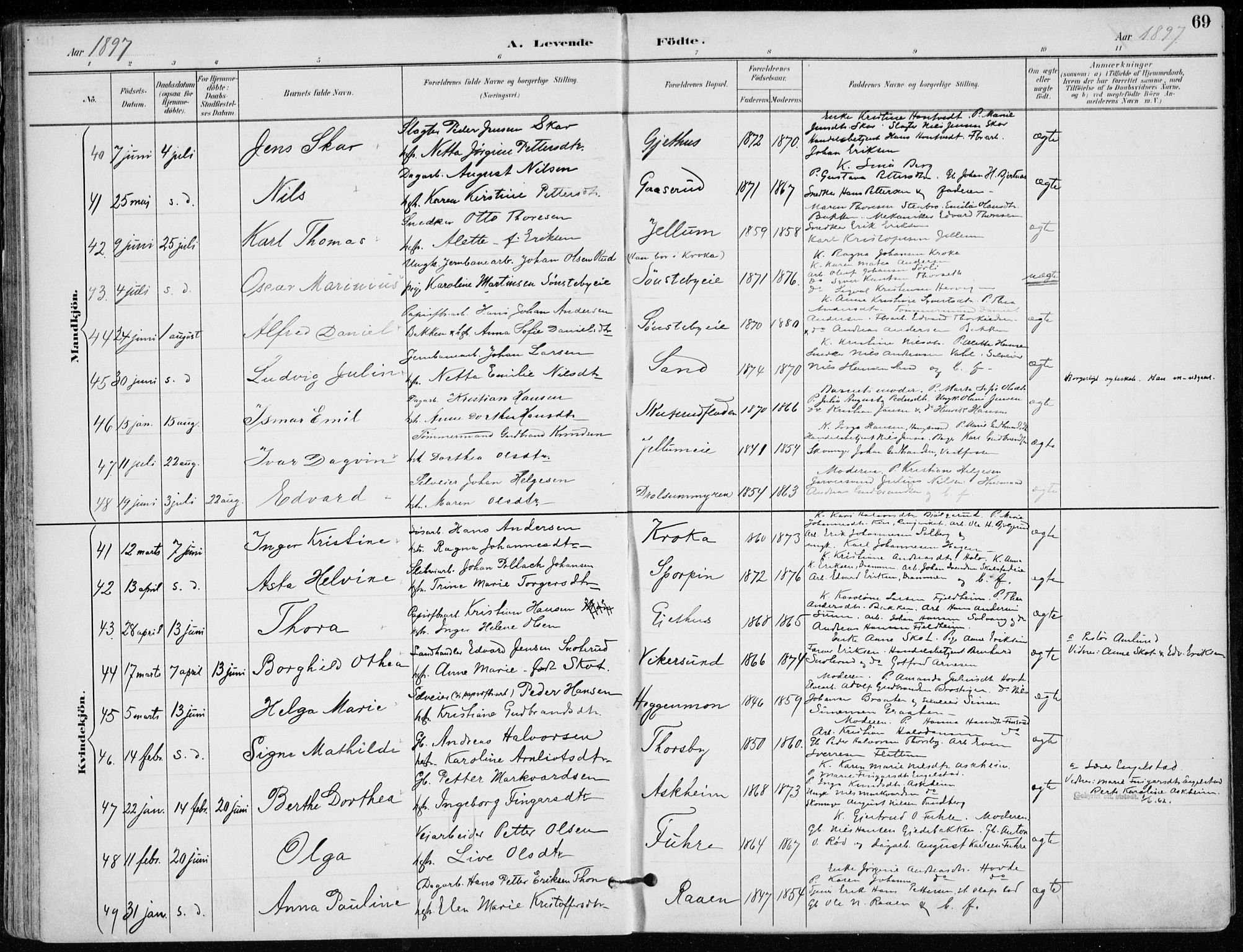 Modum kirkebøker, AV/SAKO-A-234/F/Fa/L0012: Parish register (official) no. 12, 1890-1898, p. 69