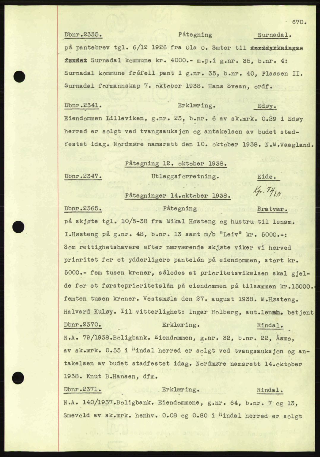 Nordmøre sorenskriveri, AV/SAT-A-4132/1/2/2Ca: Mortgage book no. C80, 1936-1939, Diary no: : 2335/1938