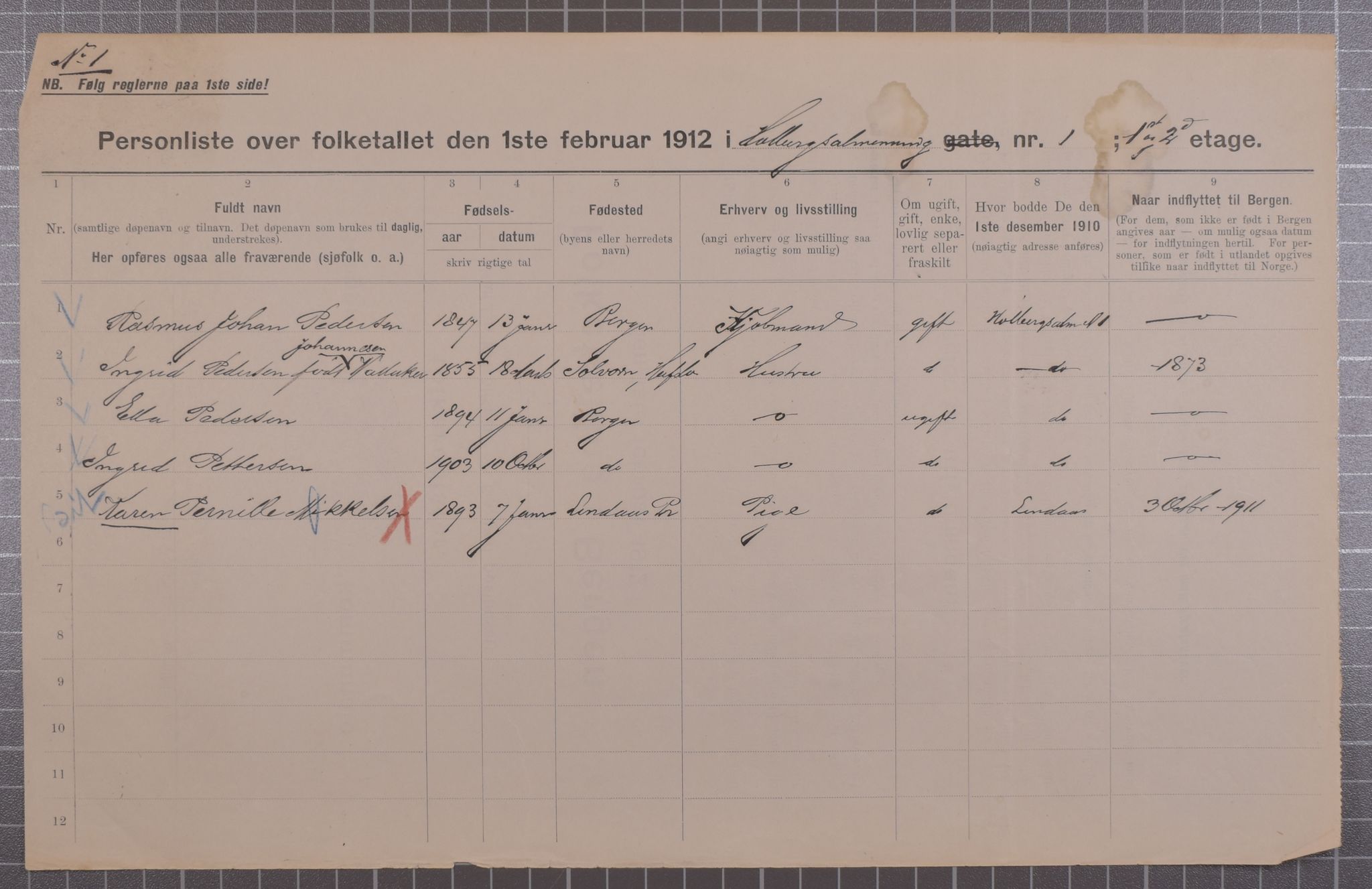 SAB, Municipal Census 1912 for Bergen, 1912, p. 3102