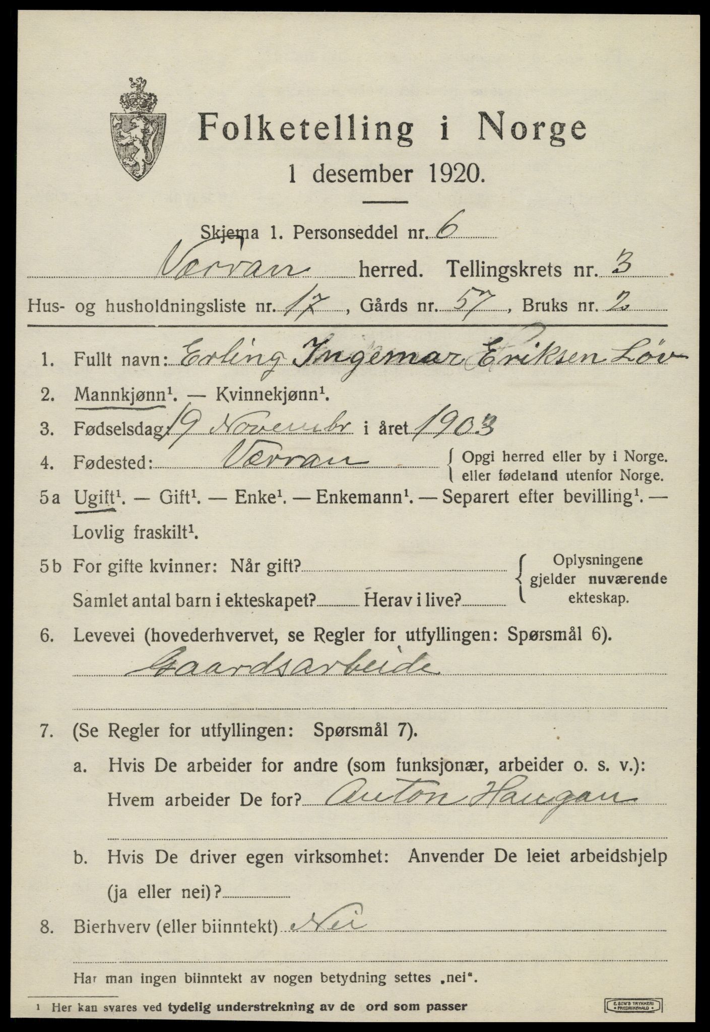 SAT, 1920 census for Verran, 1920, p. 1506