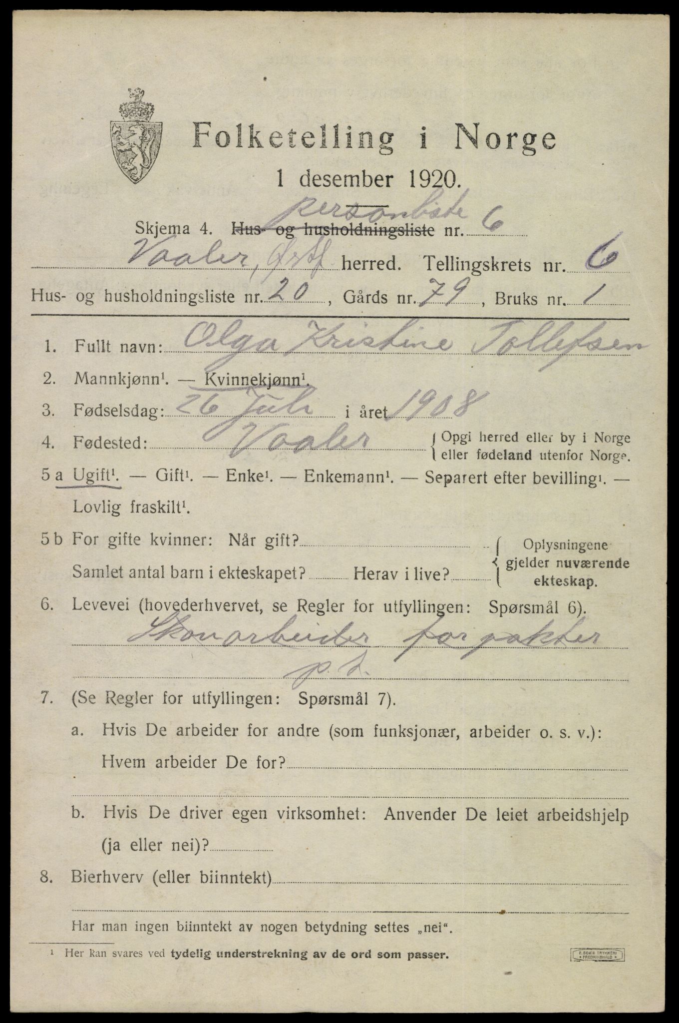 SAO, 1920 census for Våler, 1920, p. 3338