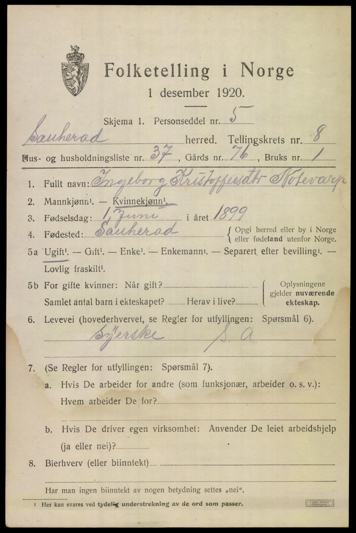 SAKO, 1920 census for Sauherad, 1920, p. 6609