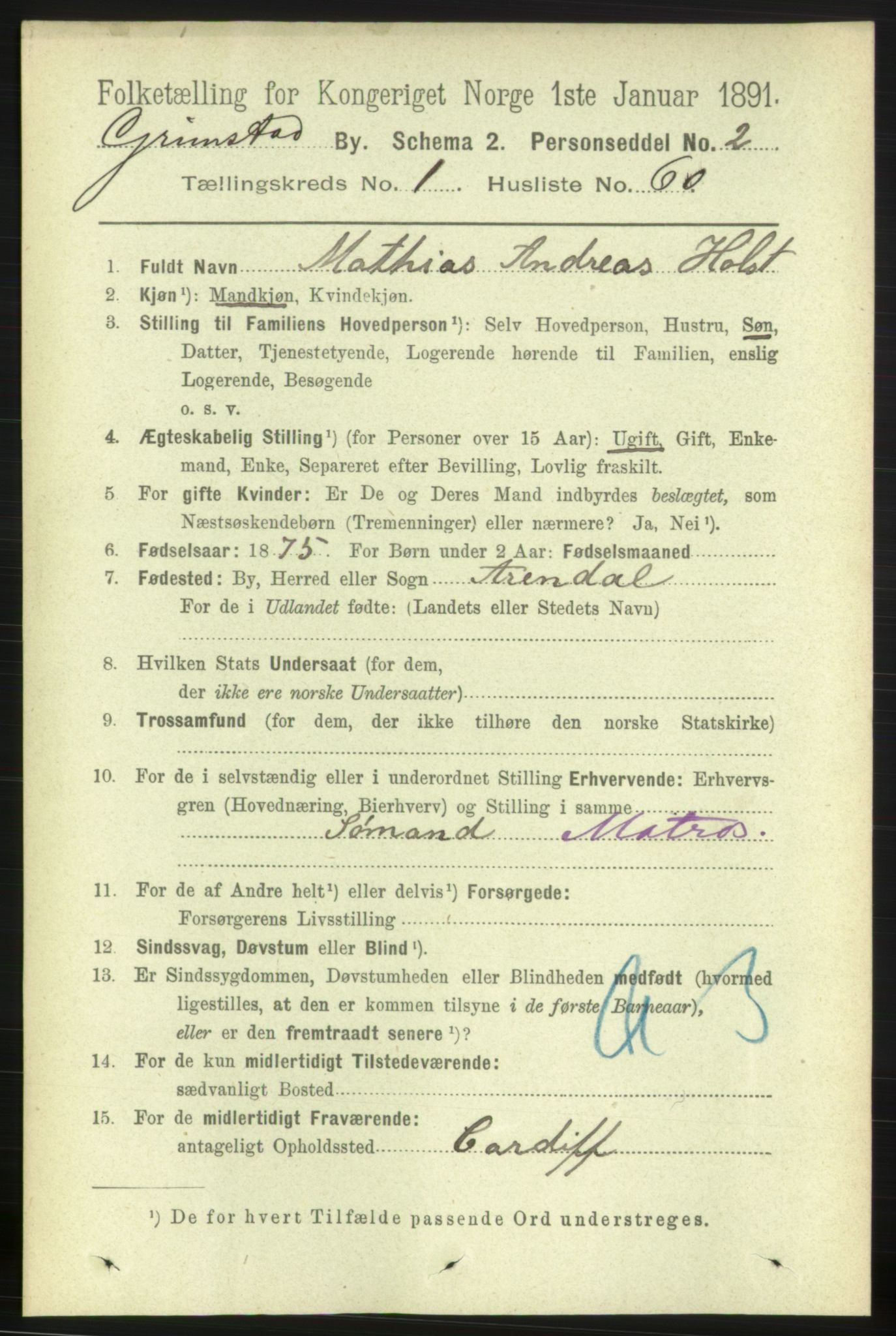 RA, 1891 census for 0904 Grimstad, 1891, p. 1437