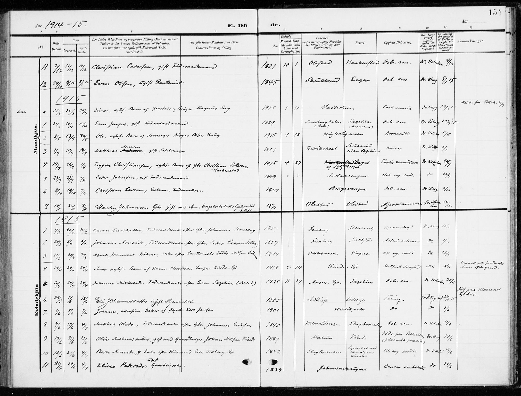 Ringsaker prestekontor, AV/SAH-PREST-014/K/Ka/L0021: Parish register (official) no. 21, 1905-1920, p. 154
