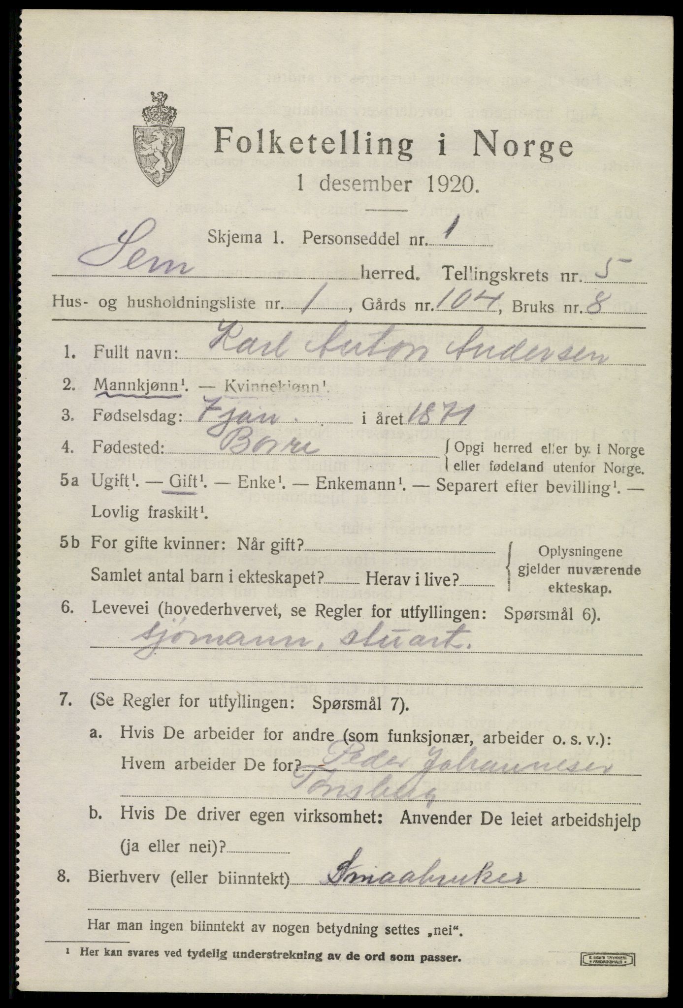 SAKO, 1920 census for Sem, 1920, p. 7849