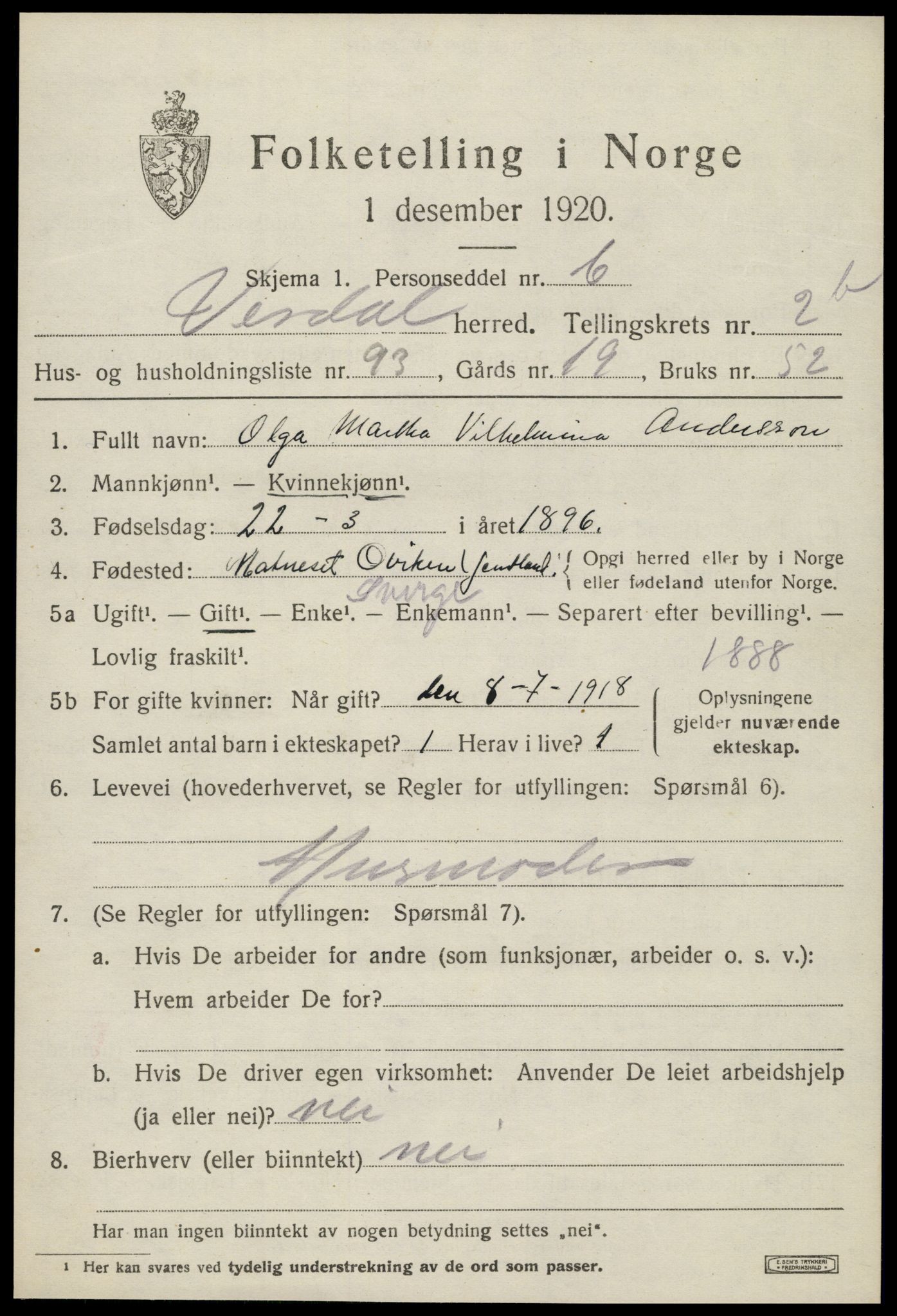 SAT, 1920 census for Verdal, 1920, p. 5225