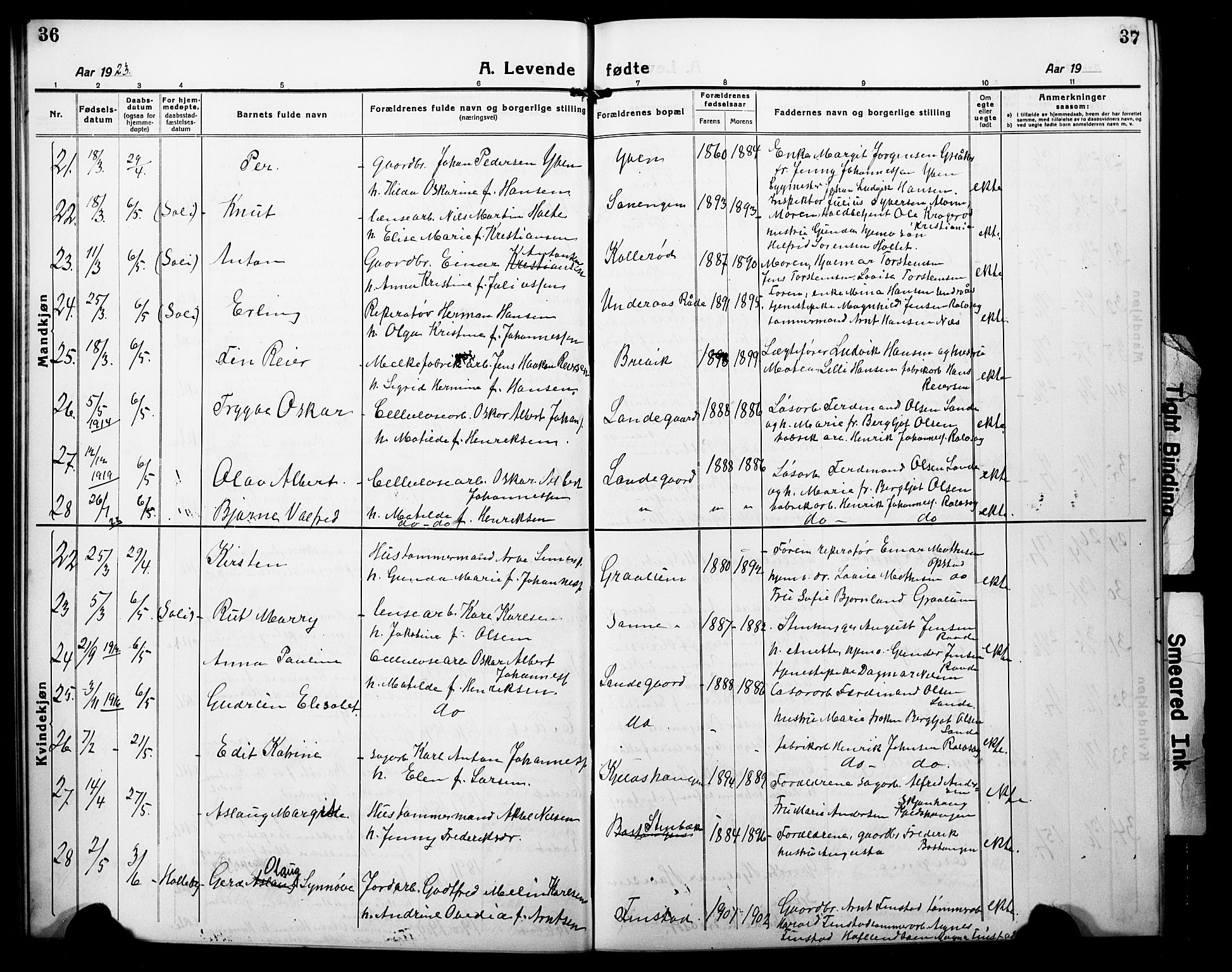 Tune prestekontor Kirkebøker, AV/SAO-A-2007/G/Ga/L0004: Parish register (copy) no. I 4, 1919-1928, p. 36-37