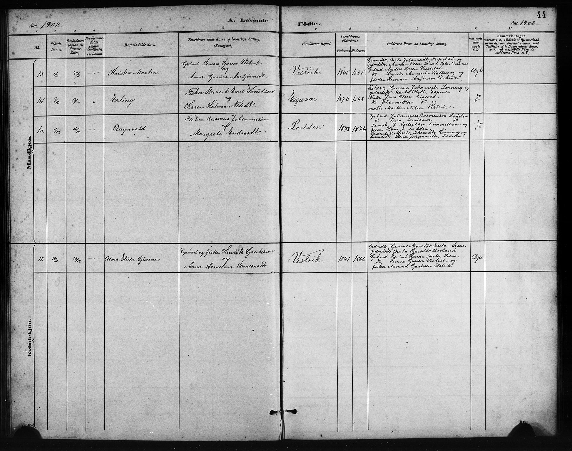 Finnås sokneprestembete, AV/SAB-A-99925/H/Ha/Hab/Habc/L0002: Parish register (copy) no. C 2, 1887-1906, p. 44