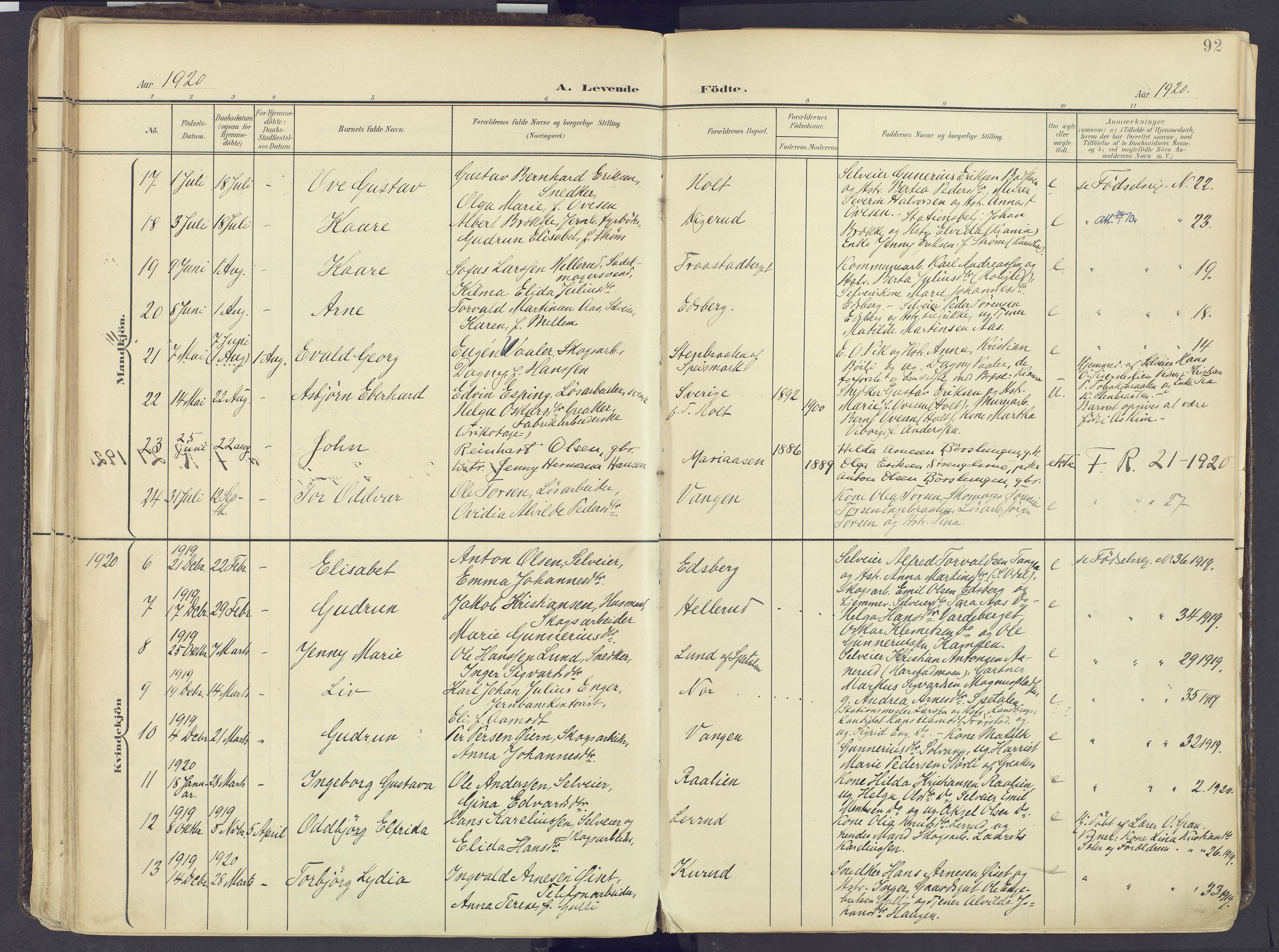 Vinger prestekontor, AV/SAH-PREST-024/H/Ha/Haa/L0017: Parish register (official) no. 17, 1901-1927, p. 92