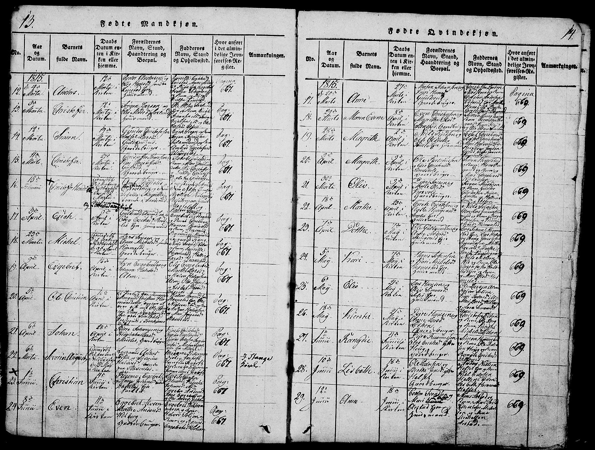 Stange prestekontor, AV/SAH-PREST-002/K/L0008: Parish register (official) no. 8, 1814-1825, p. 13-14