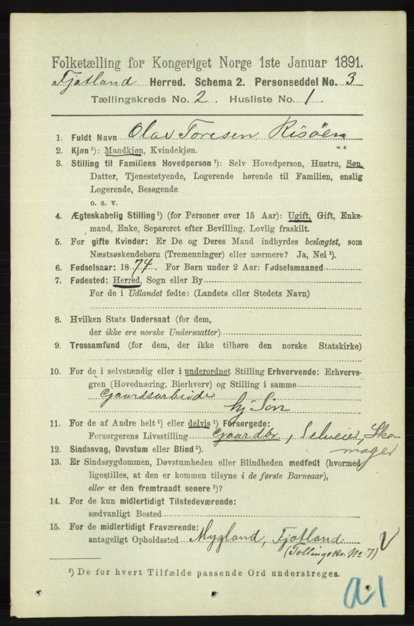 RA, 1891 census for 1036 Fjotland, 1891, p. 238