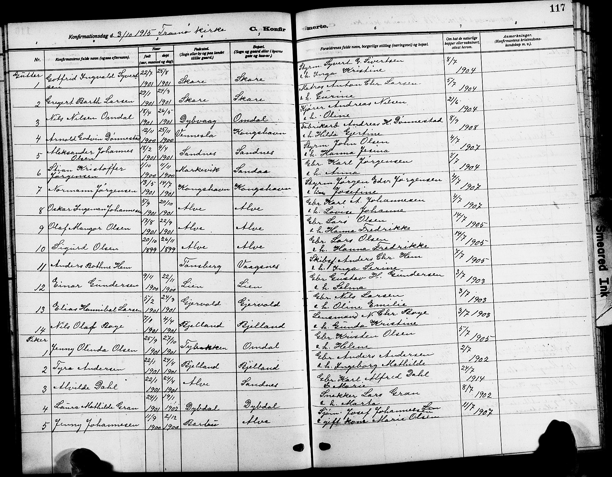 Tromøy sokneprestkontor, SAK/1111-0041/F/Fb/L0007: Parish register (copy) no. B 7, 1908-1925, p. 117