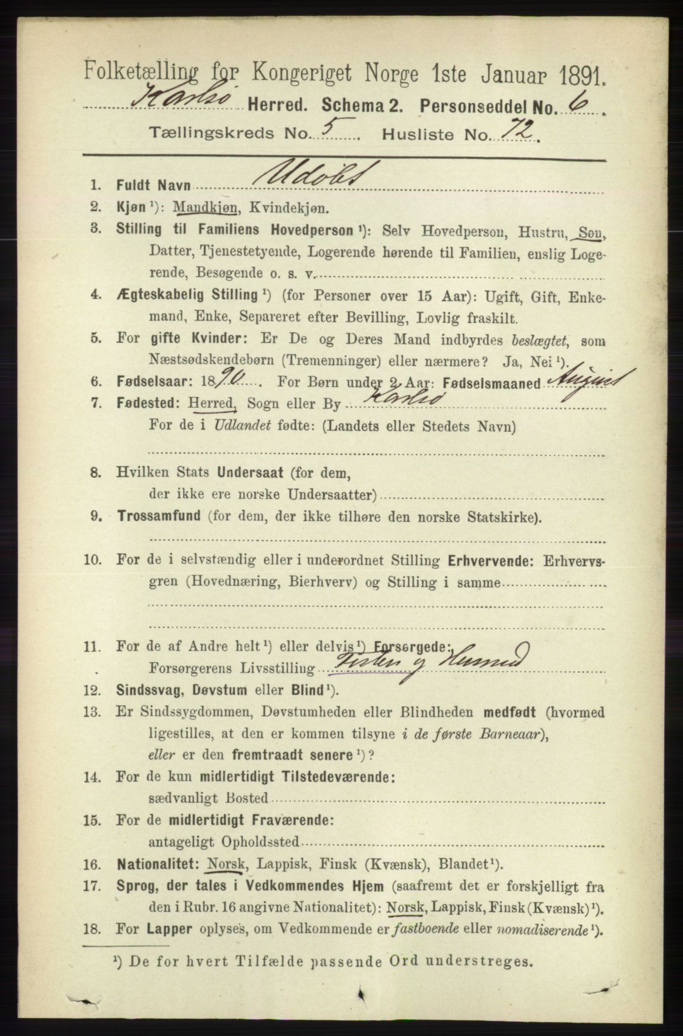 RA, 1891 census for 1936 Karlsøy, 1891, p. 1788